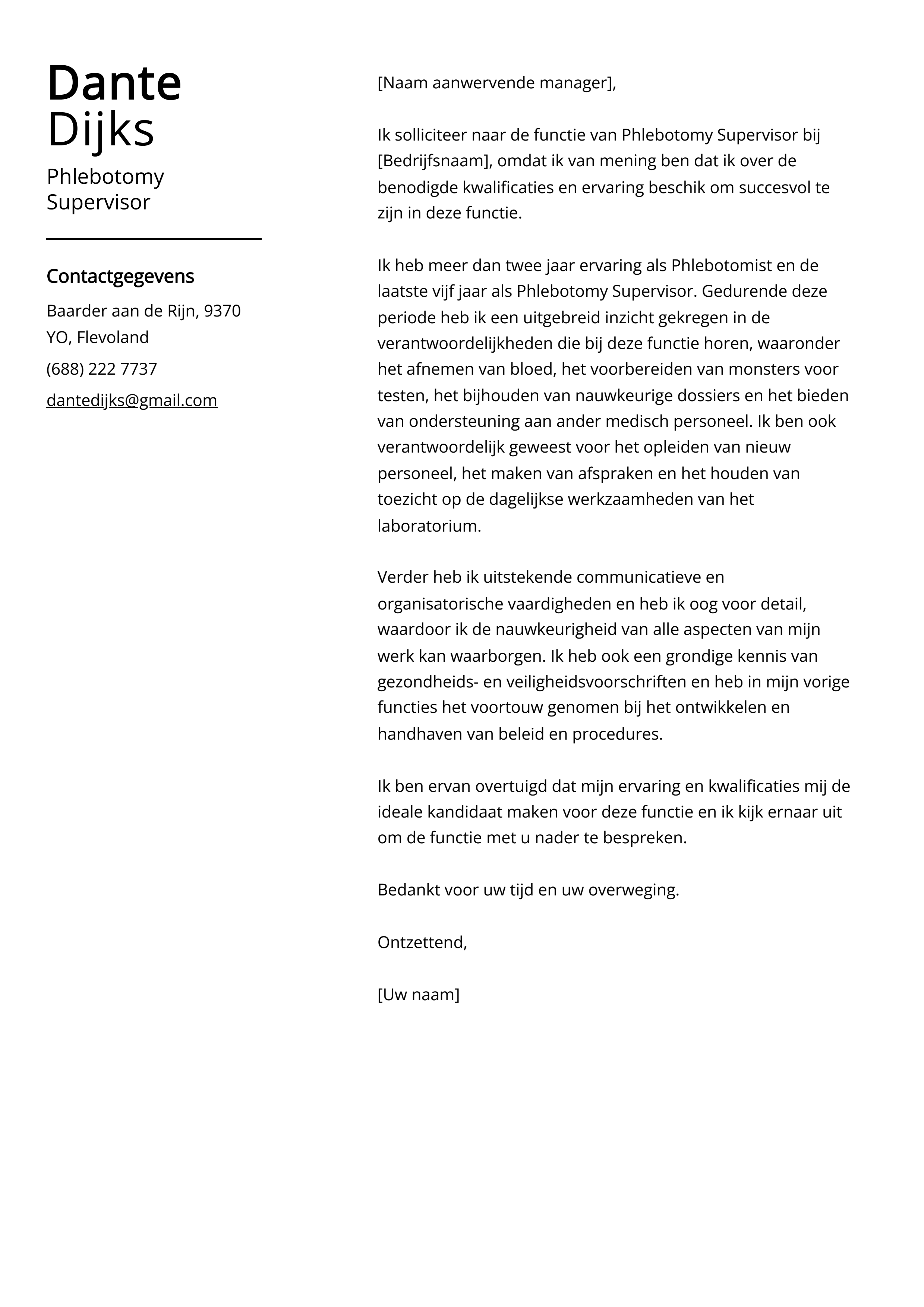 Phlebotomy Supervisor Voorbeeld sollicitatiebrief