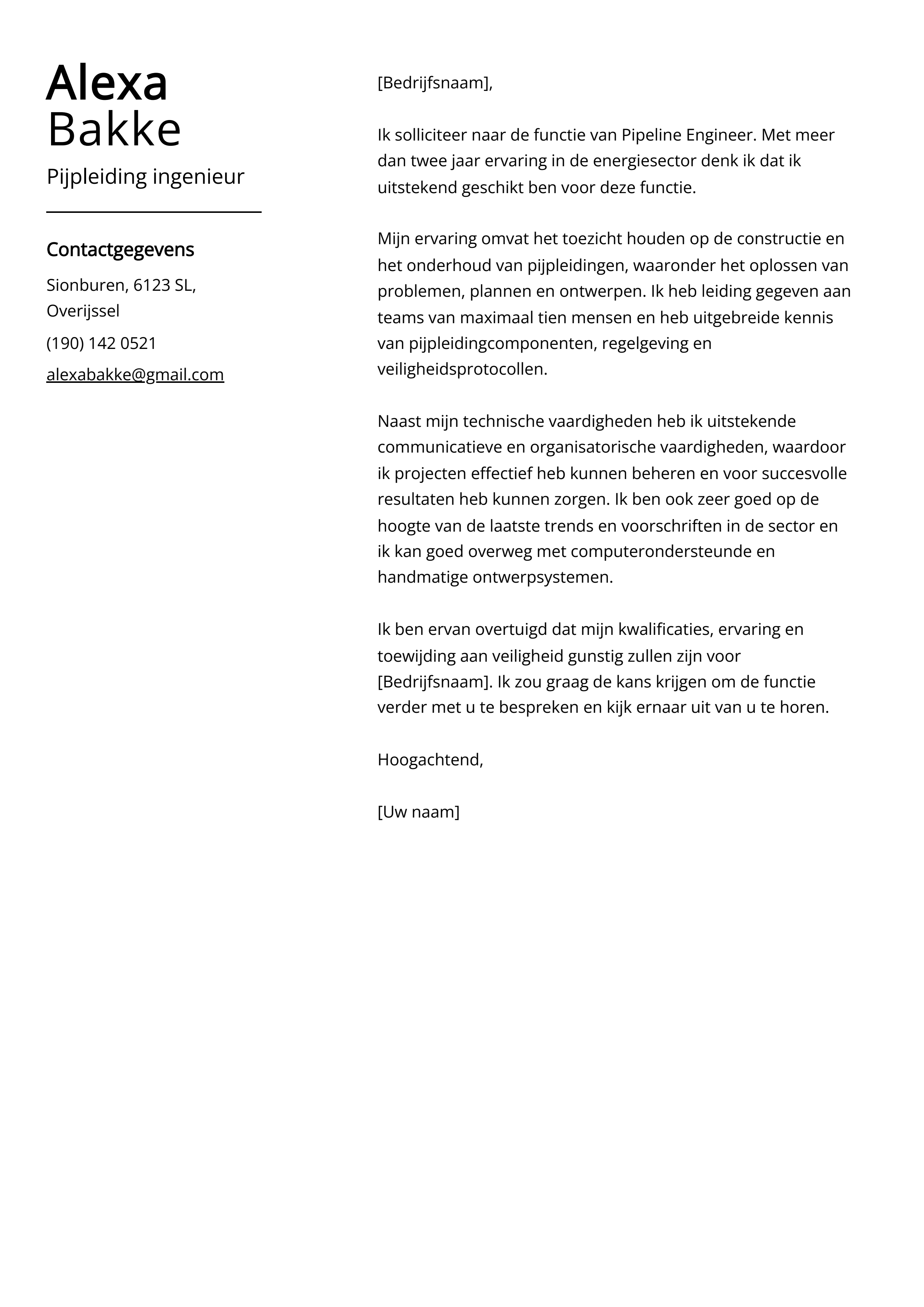 Pijpleiding ingenieur Voorbeeld sollicitatiebrief