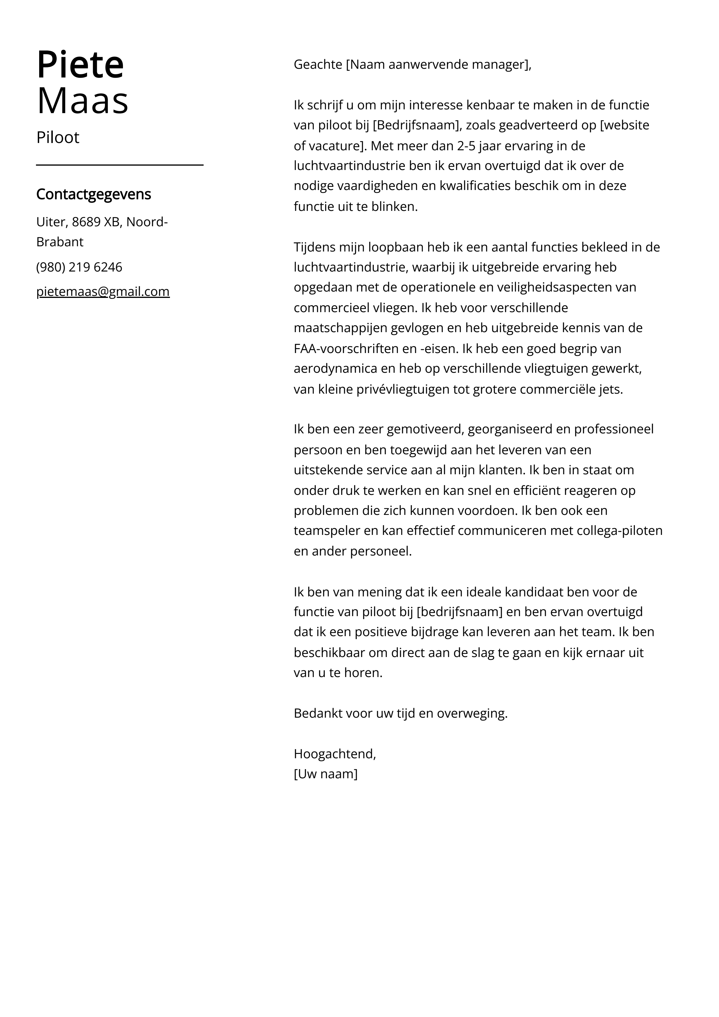 Piloot sollicitatiebrief voorbeeld