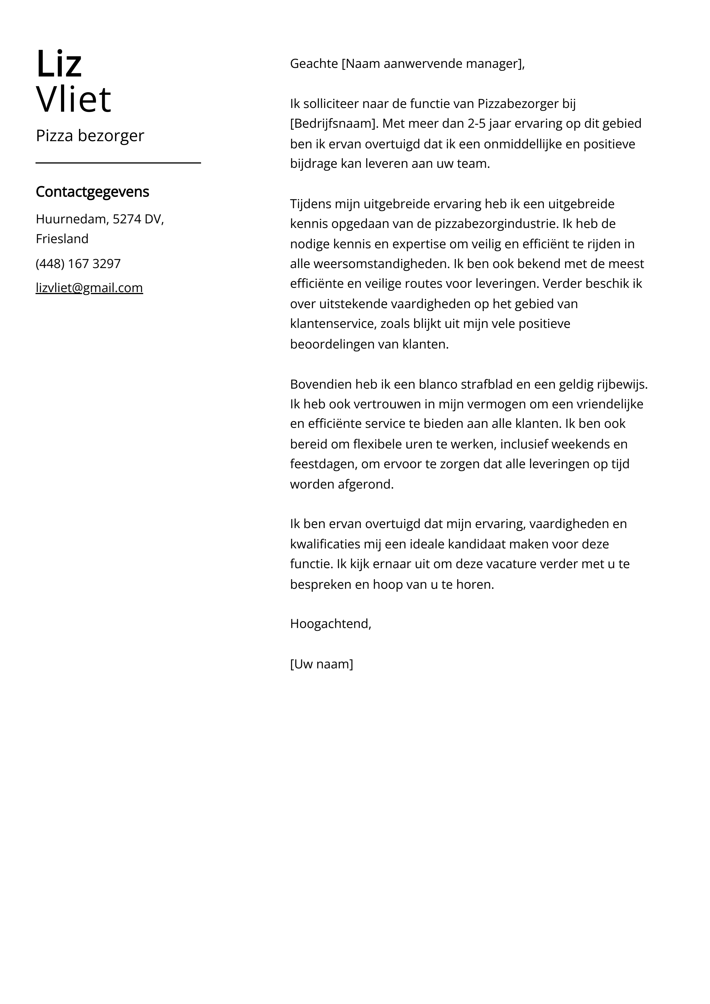 Pizzaboer Voorbeeld sollicitatiebrief