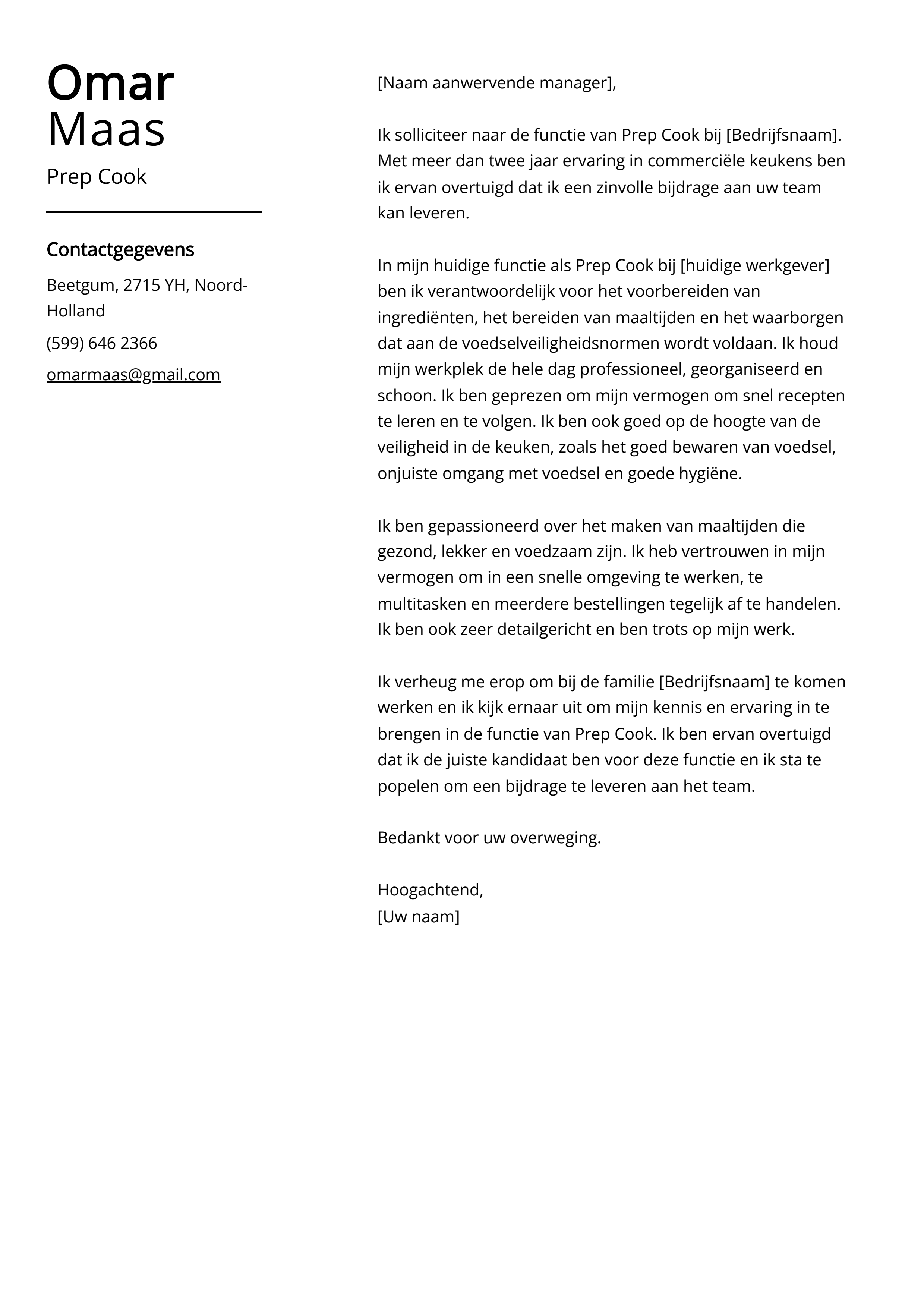 Prep Cook Voorbeeld sollicitatiebrief