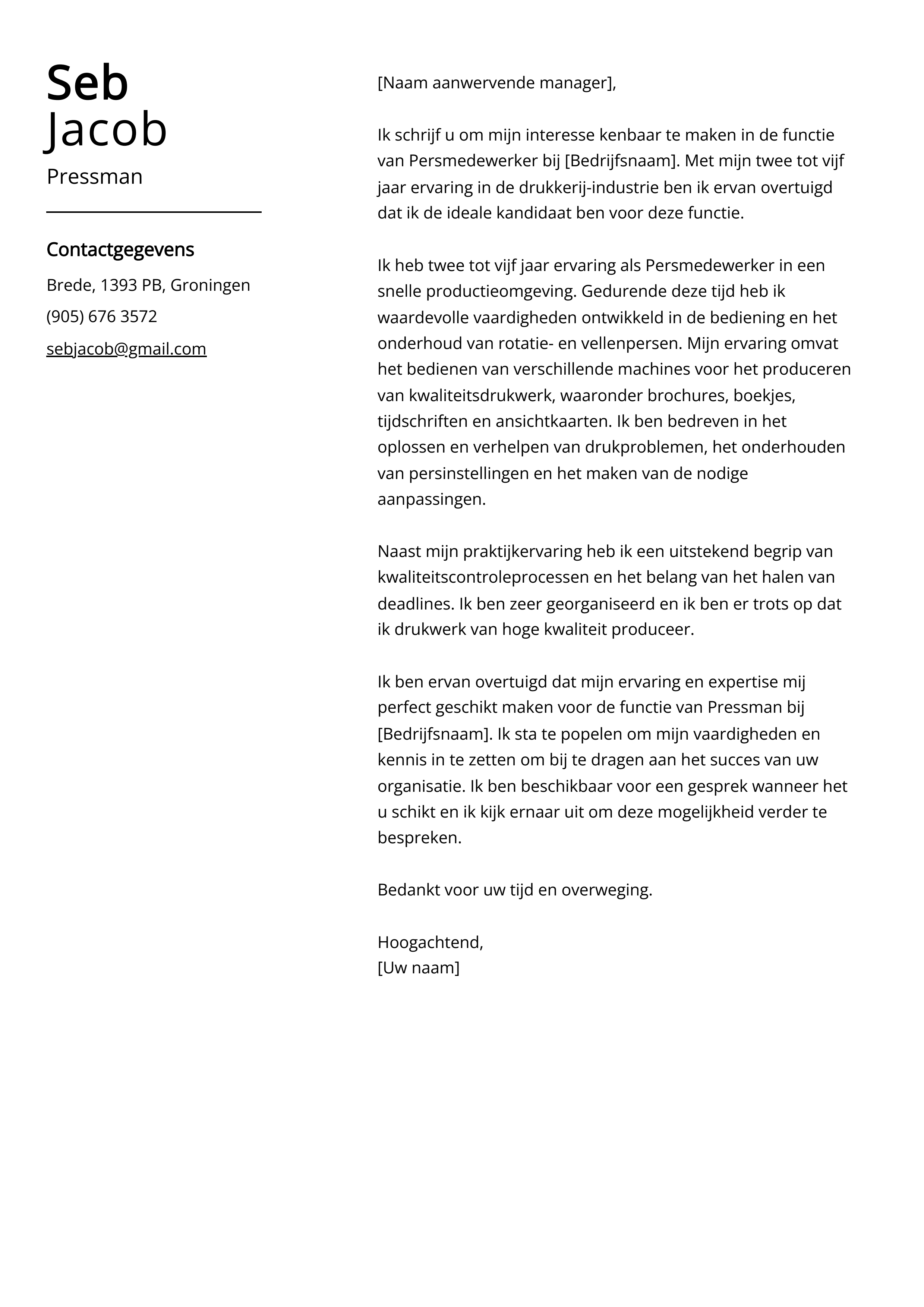 Pressman Voorbeeld sollicitatiebrief