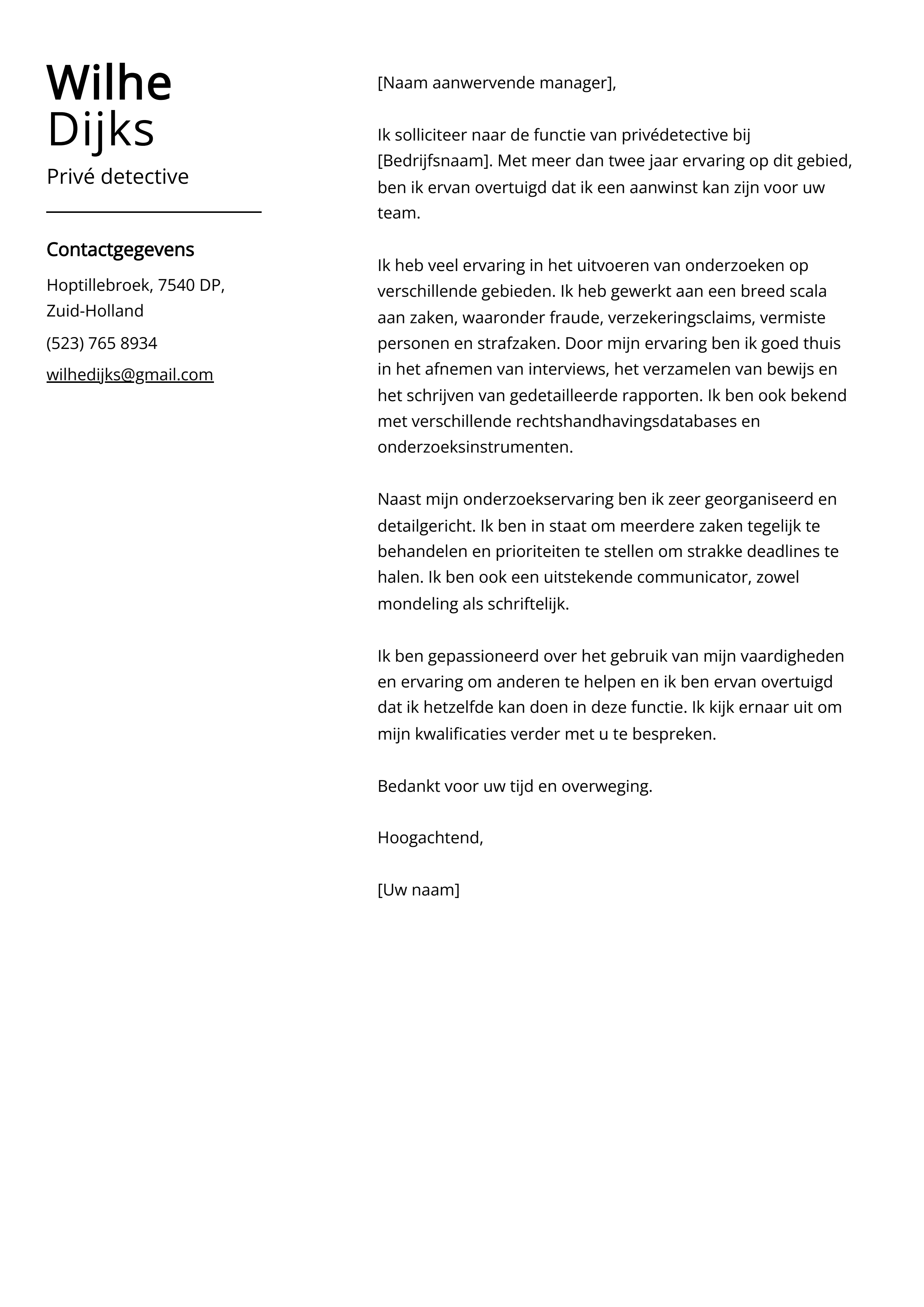 Privé detective sollicitatiebrief voorbeeld