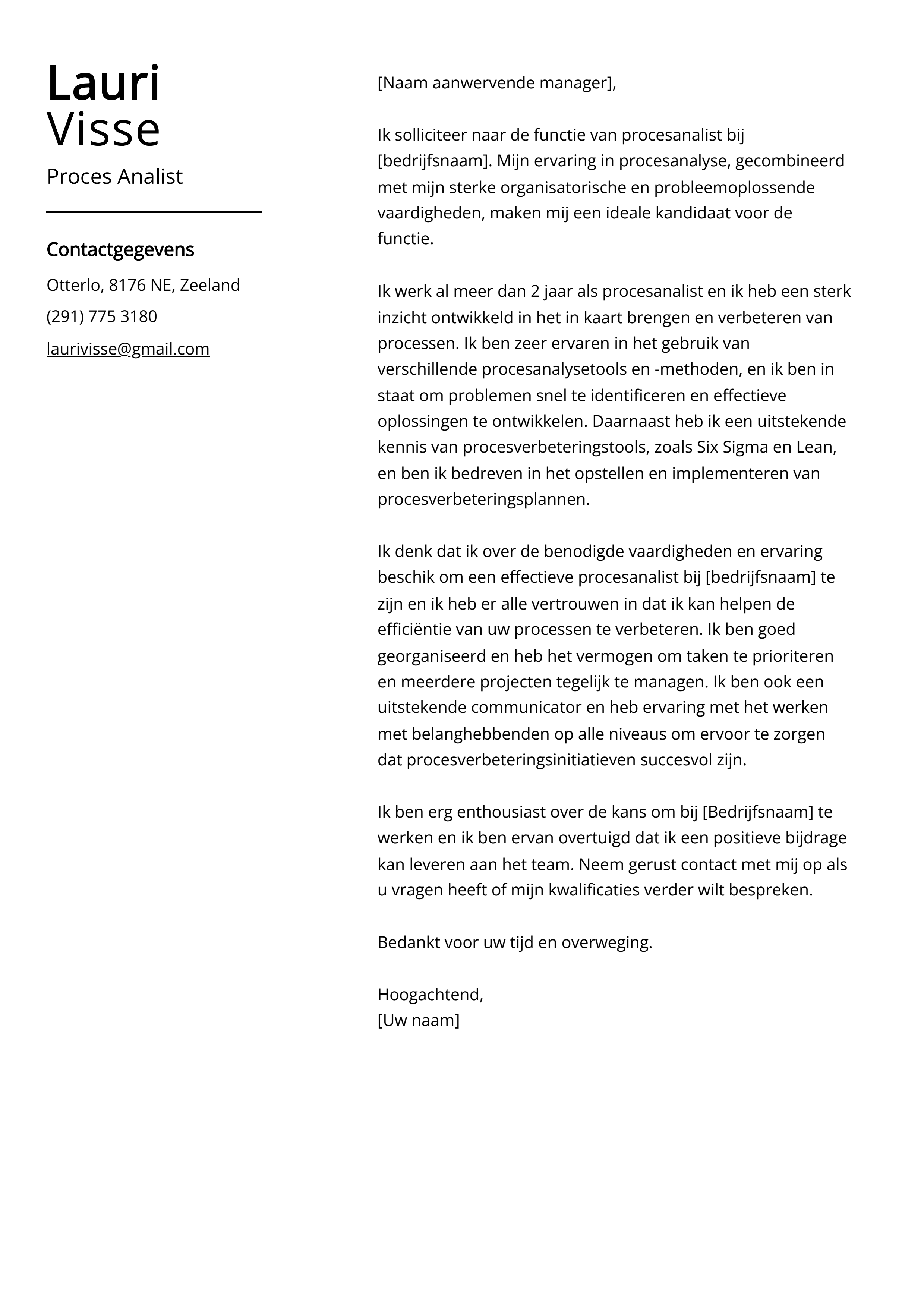 Proces Analist Sollicitatiebrief Voorbeeld