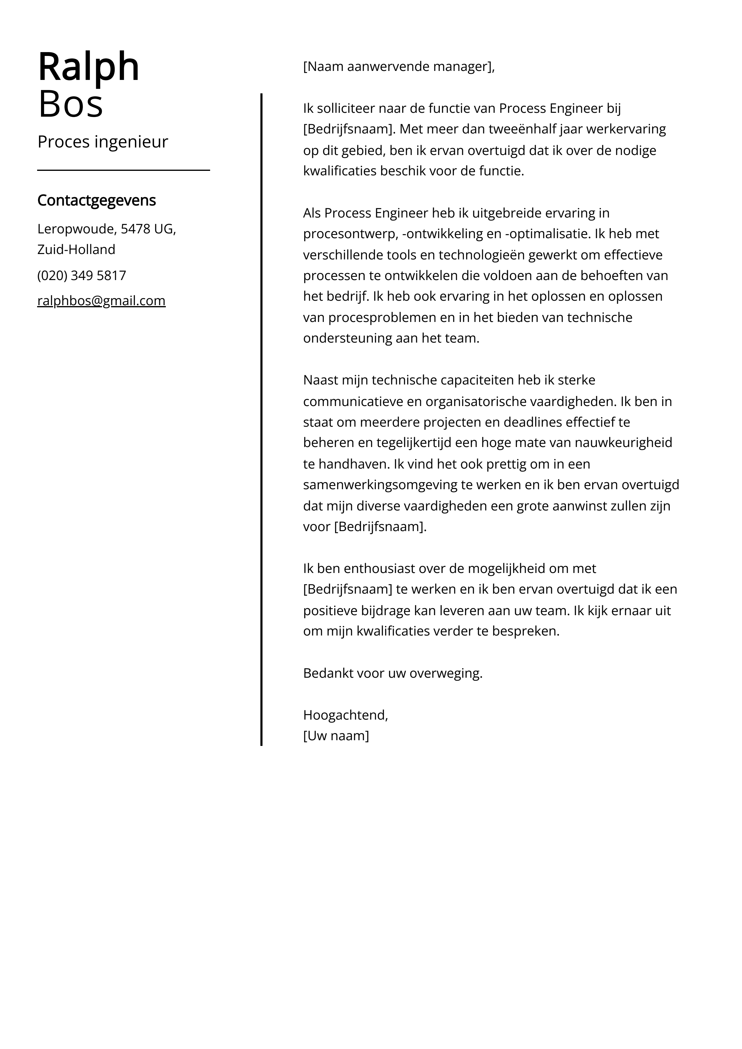 Proces ingenieur sollicitatiebrief voorbeeld