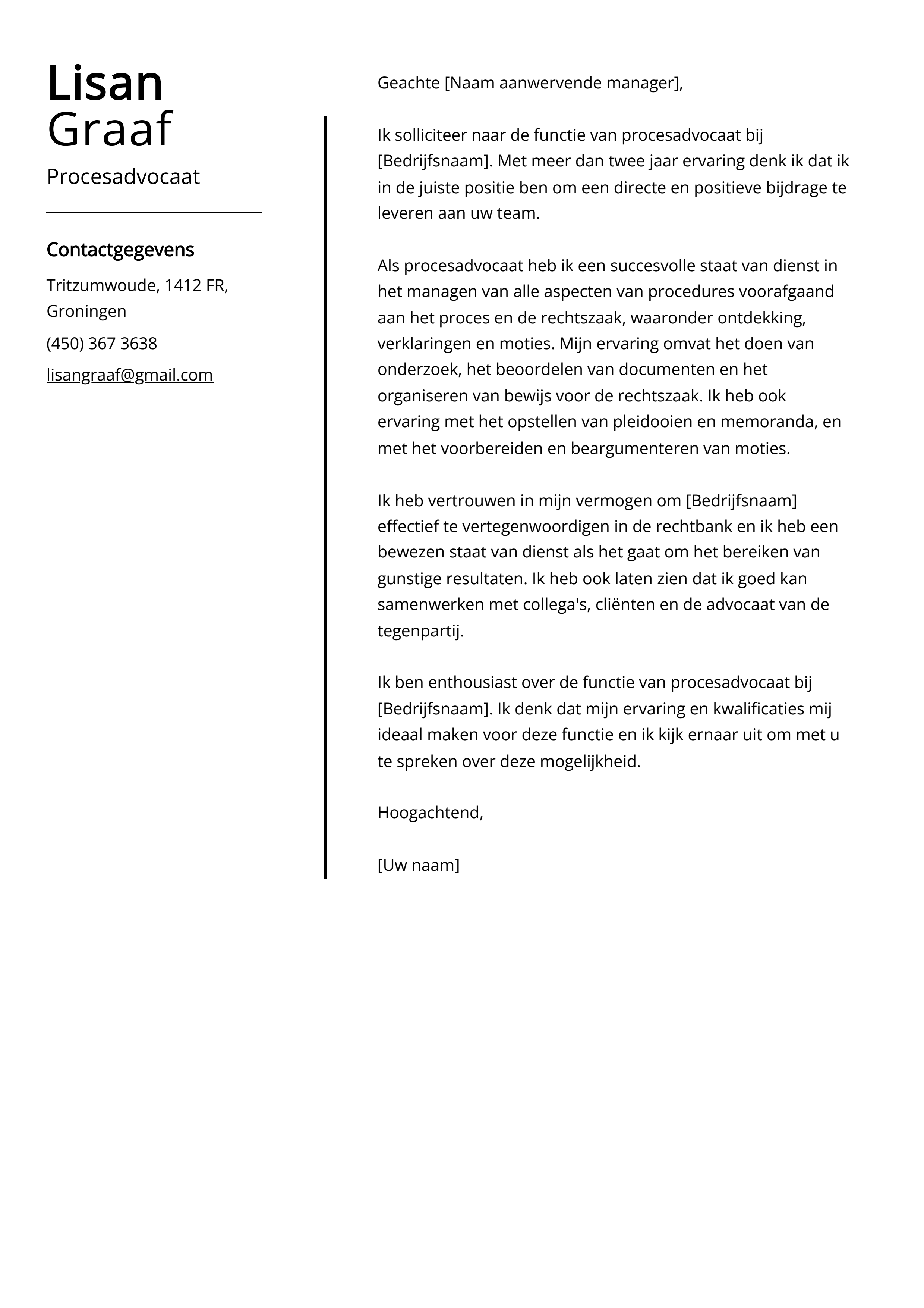 Procesadvocaat sollicitatiebrief voorbeeld