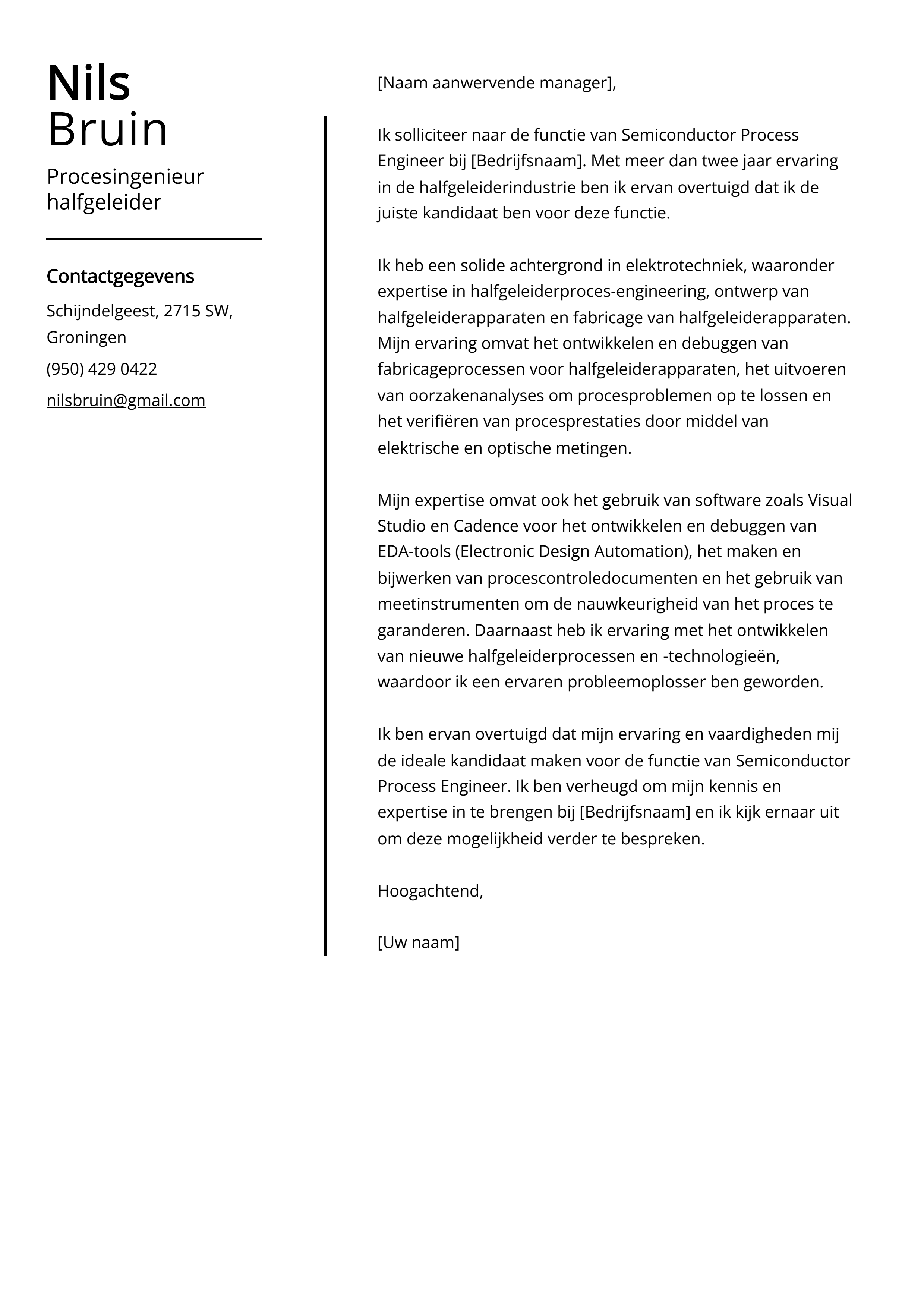 Procesingenieur halfgeleider sollicitatiebrief voorbeeld