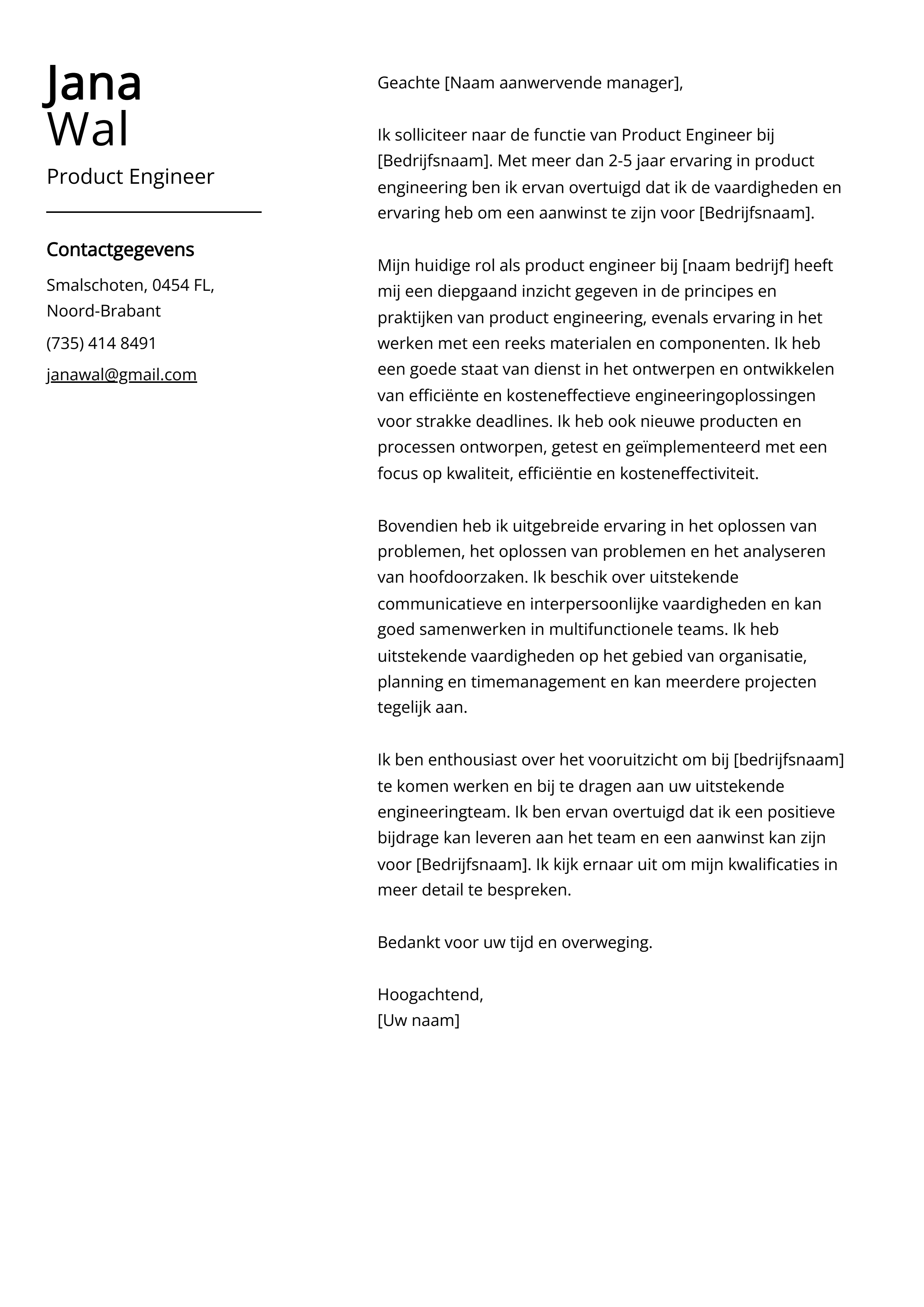 Product Engineer Voorbeeld sollicitatiebrief