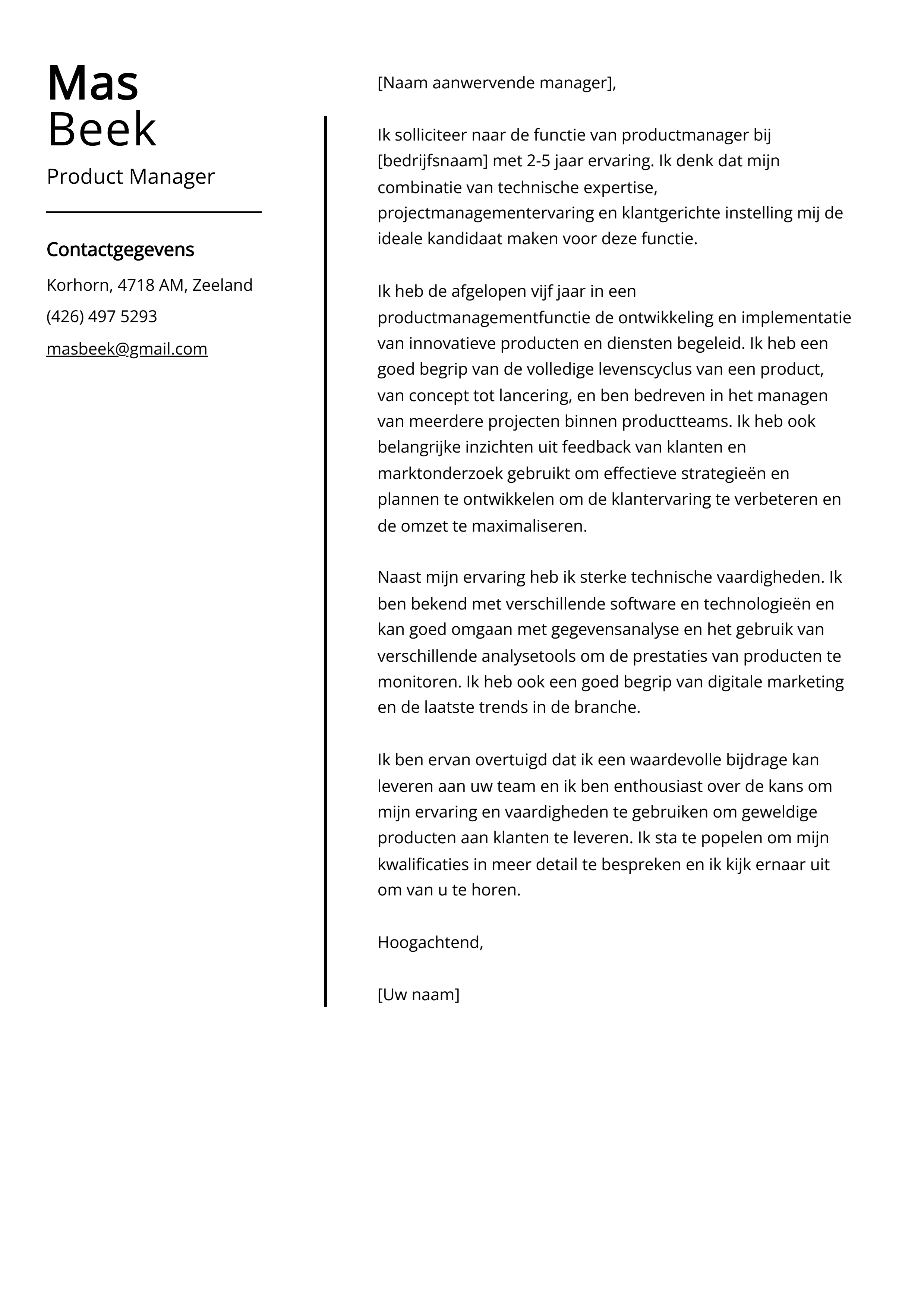 Product Manager Voorbeeld sollicitatiebrief