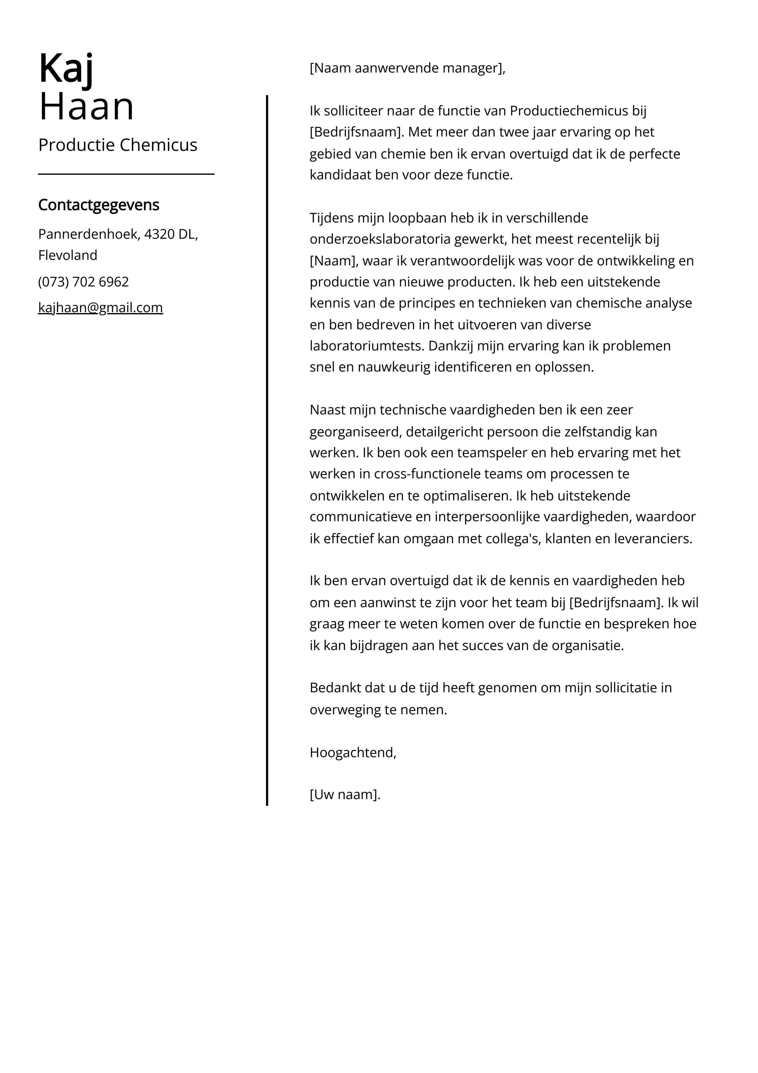 Productie Chemicus Voorbeeld sollicitatiebrief