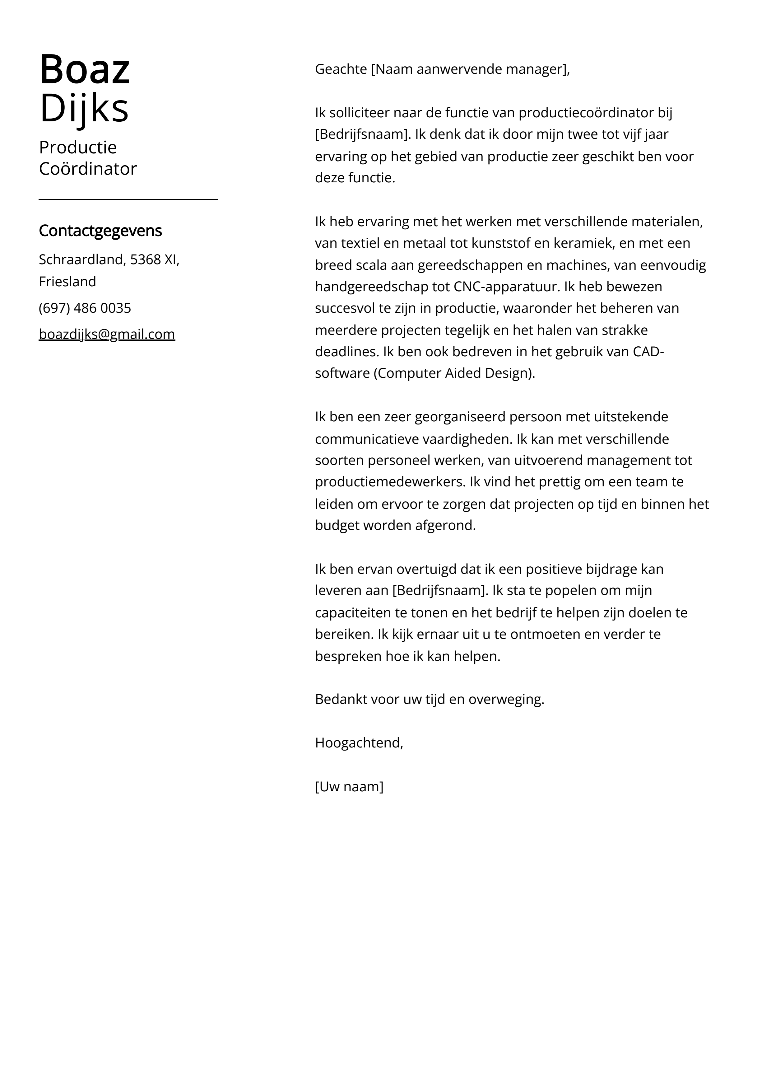 Productie Coördinator Sollicitatiebrief Voorbeeld