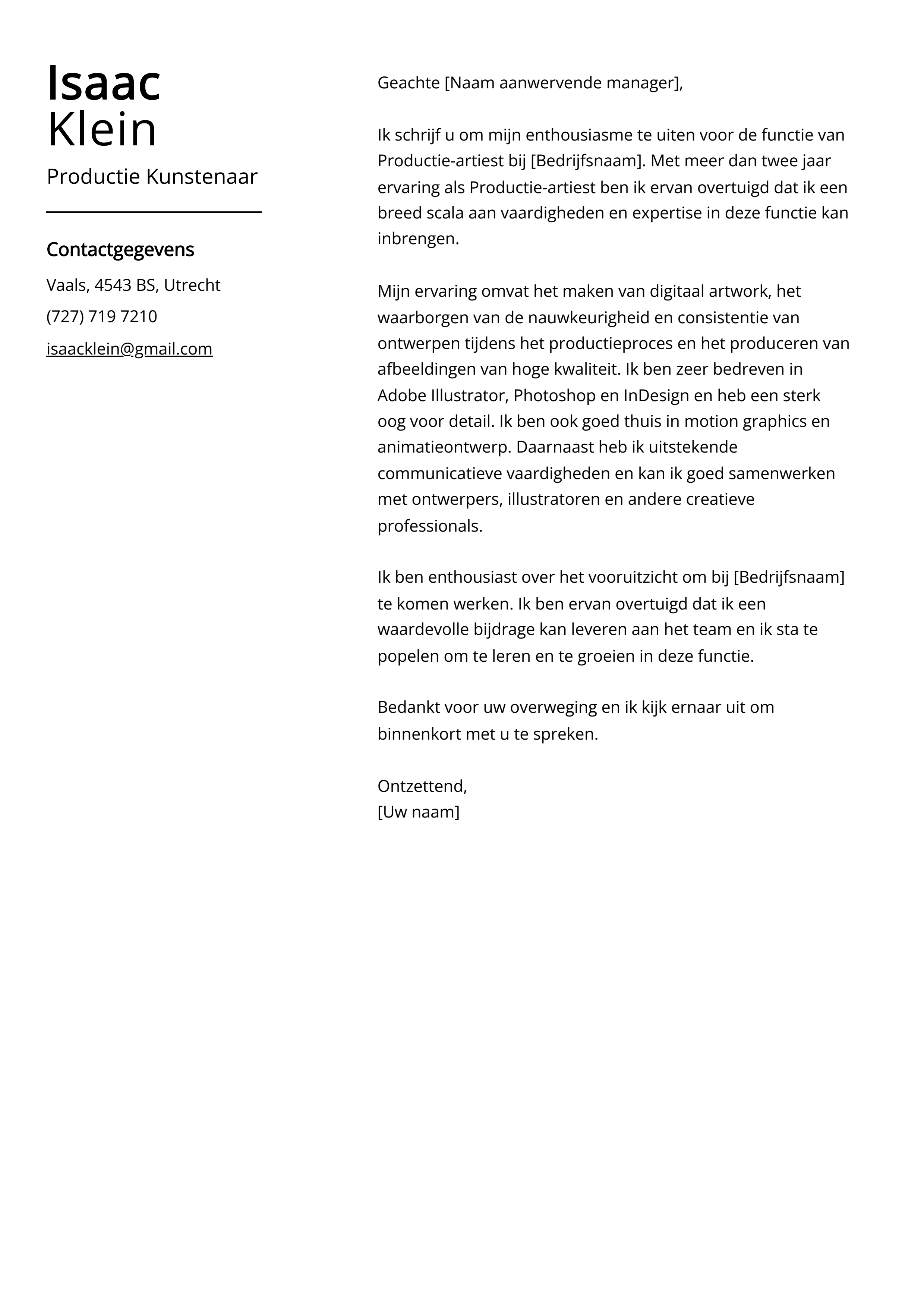 Productie Kunstenaar Cover Letter Voorbeeld