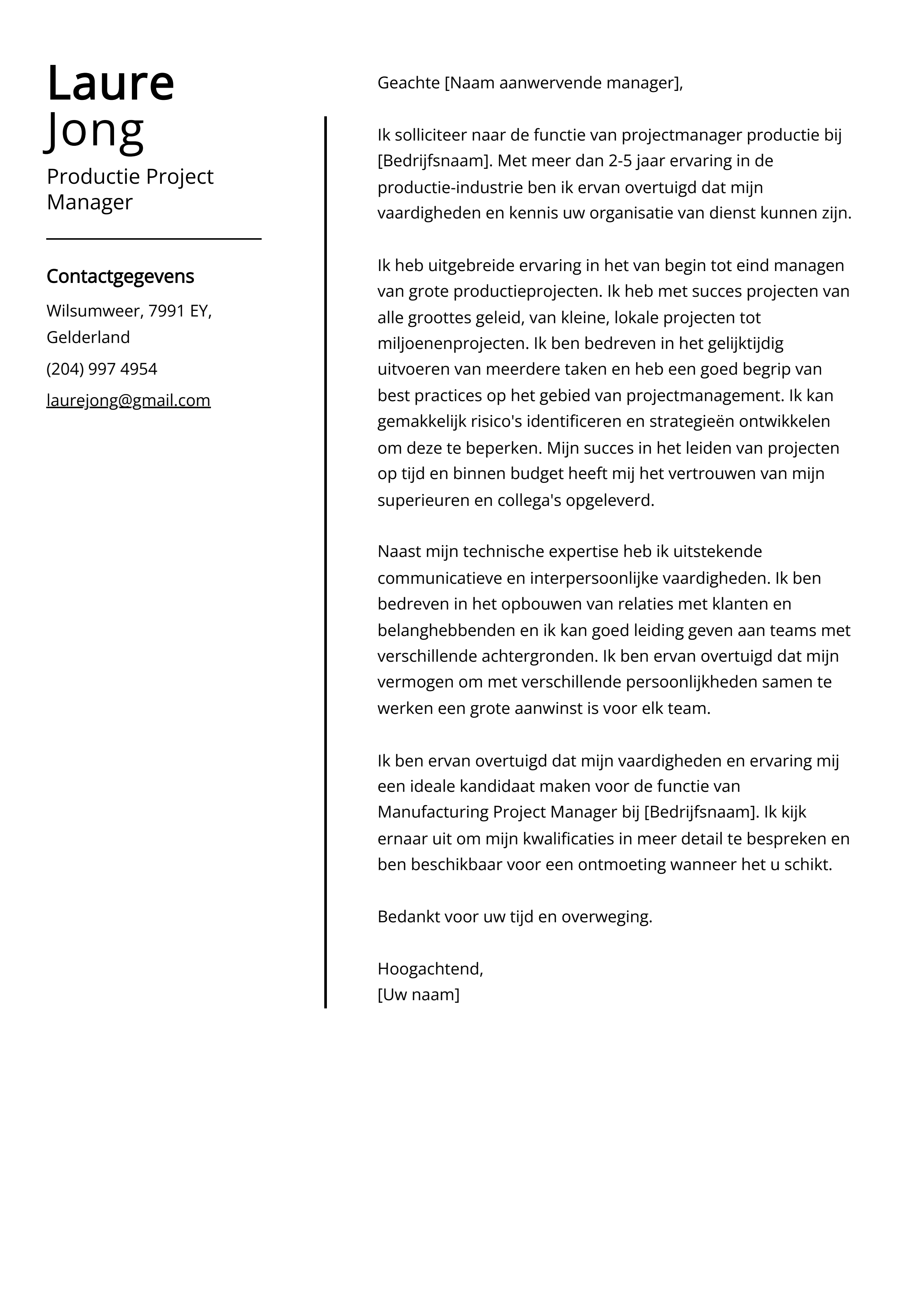 Productie Project Manager Sollicitatiebrief Voorbeeld