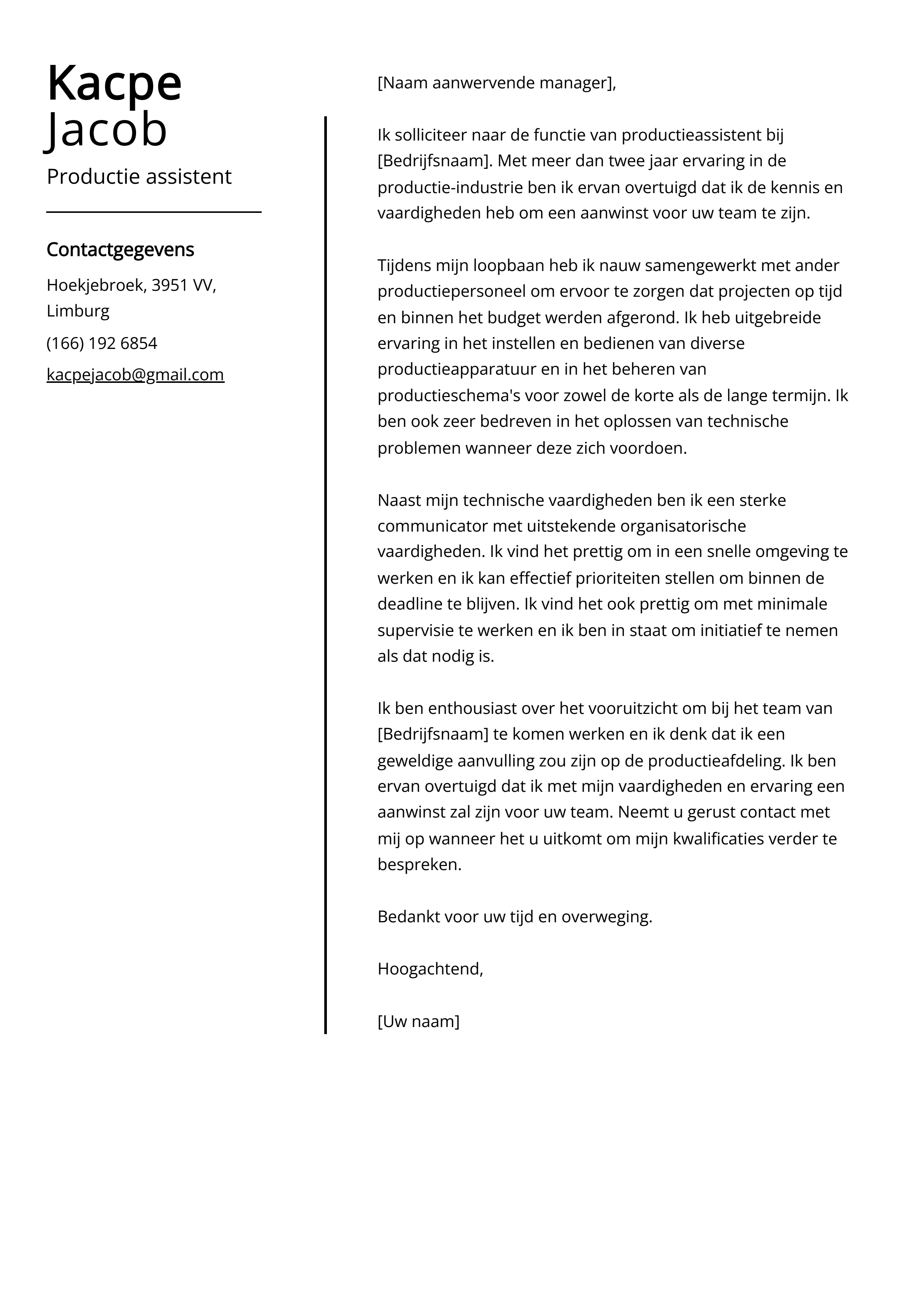 Productie assistent Cover Letter Voorbeeld