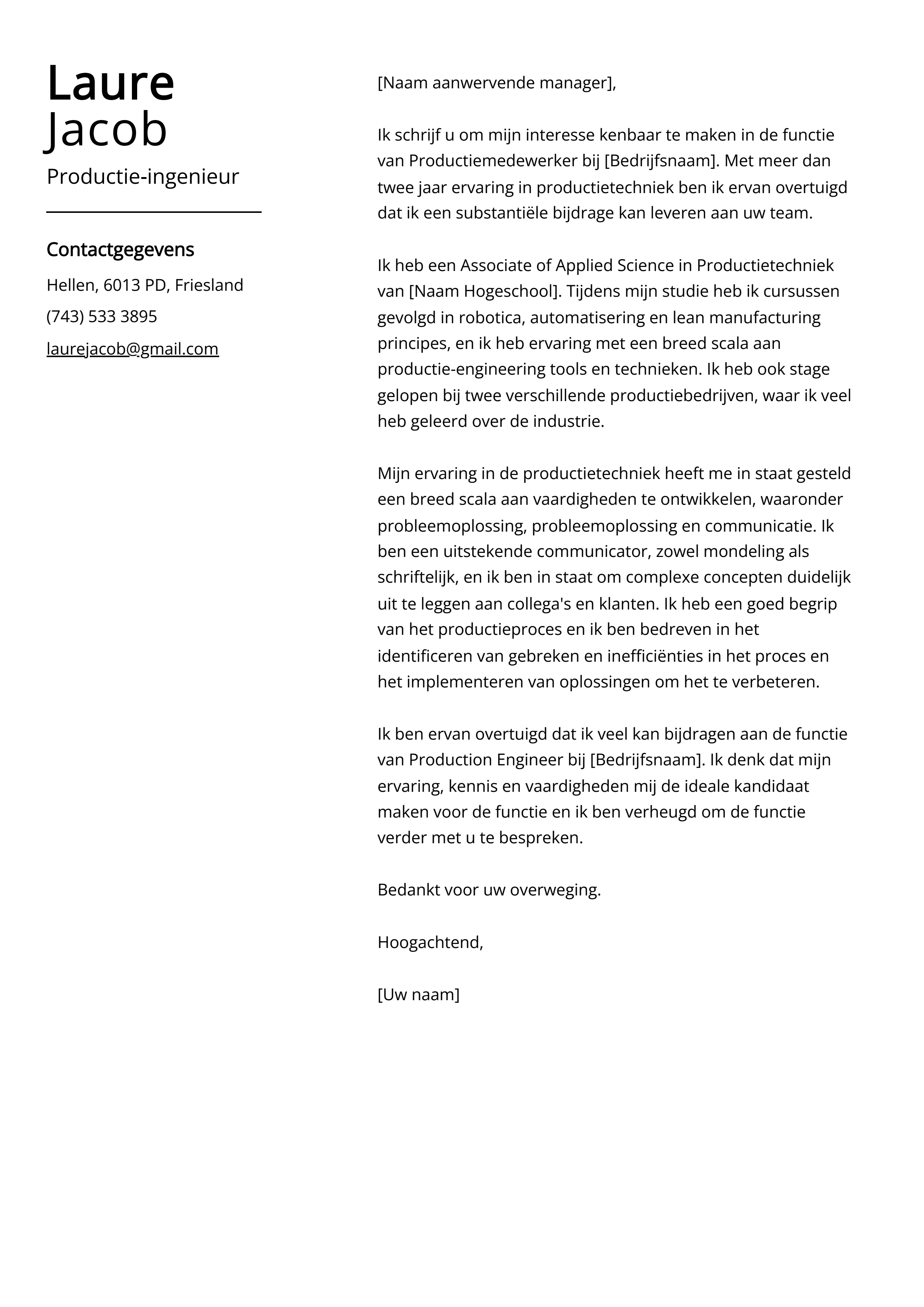 Productie-ingenieur sollicitatiebrief voorbeeld