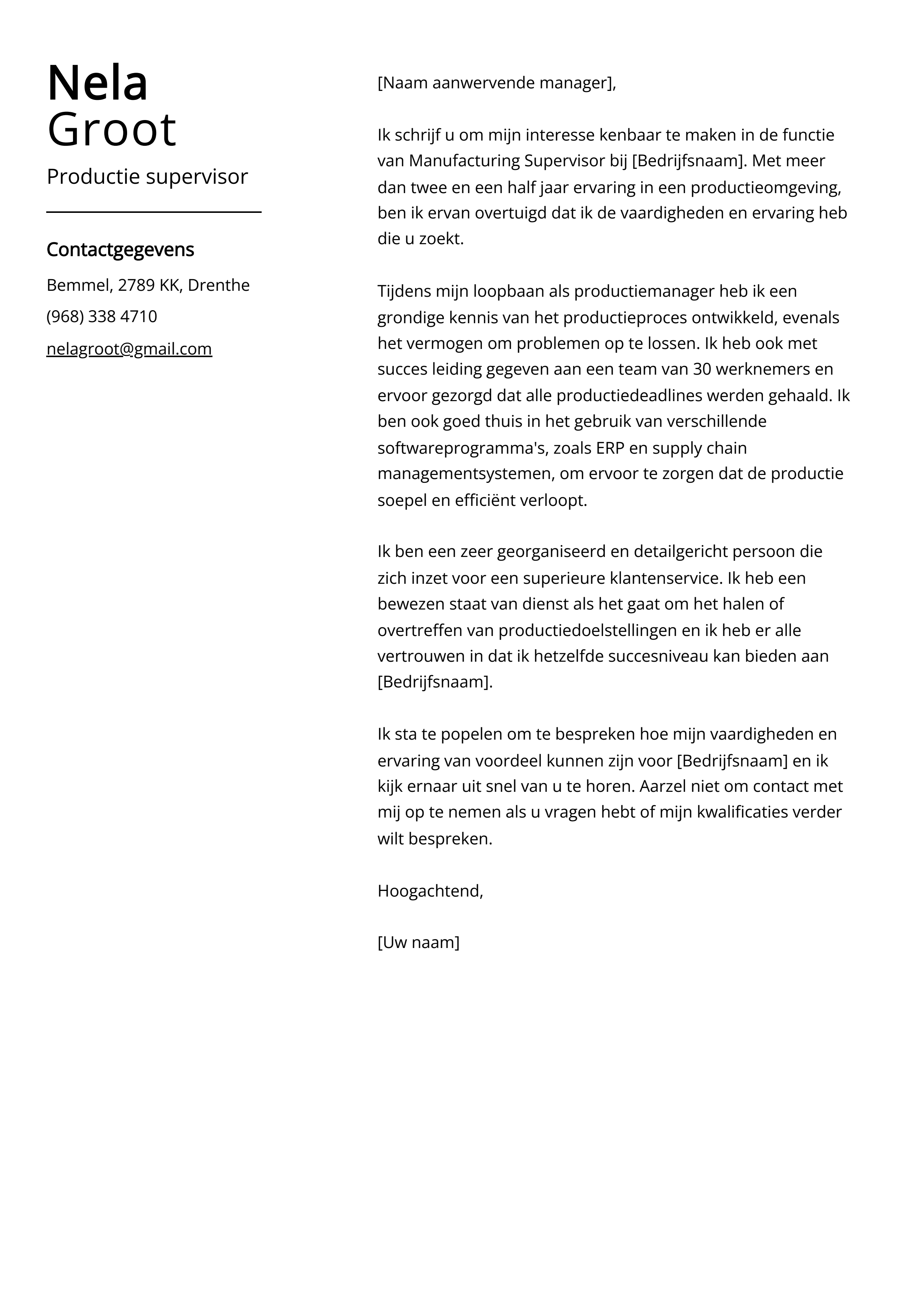 Productiebegeleider sollicitatiebrief voorbeeld