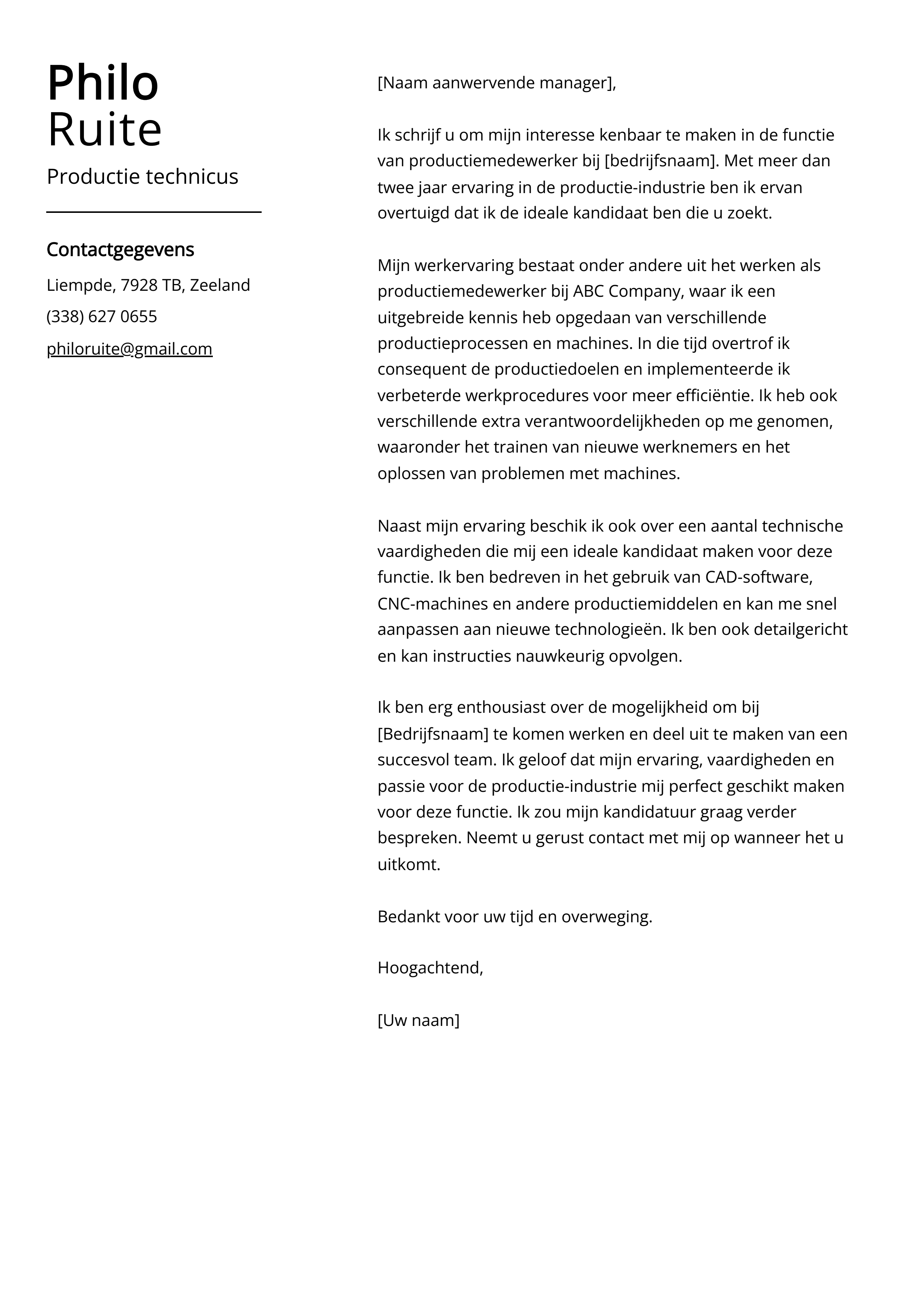 Productie technicus Cover Letter Voorbeeld