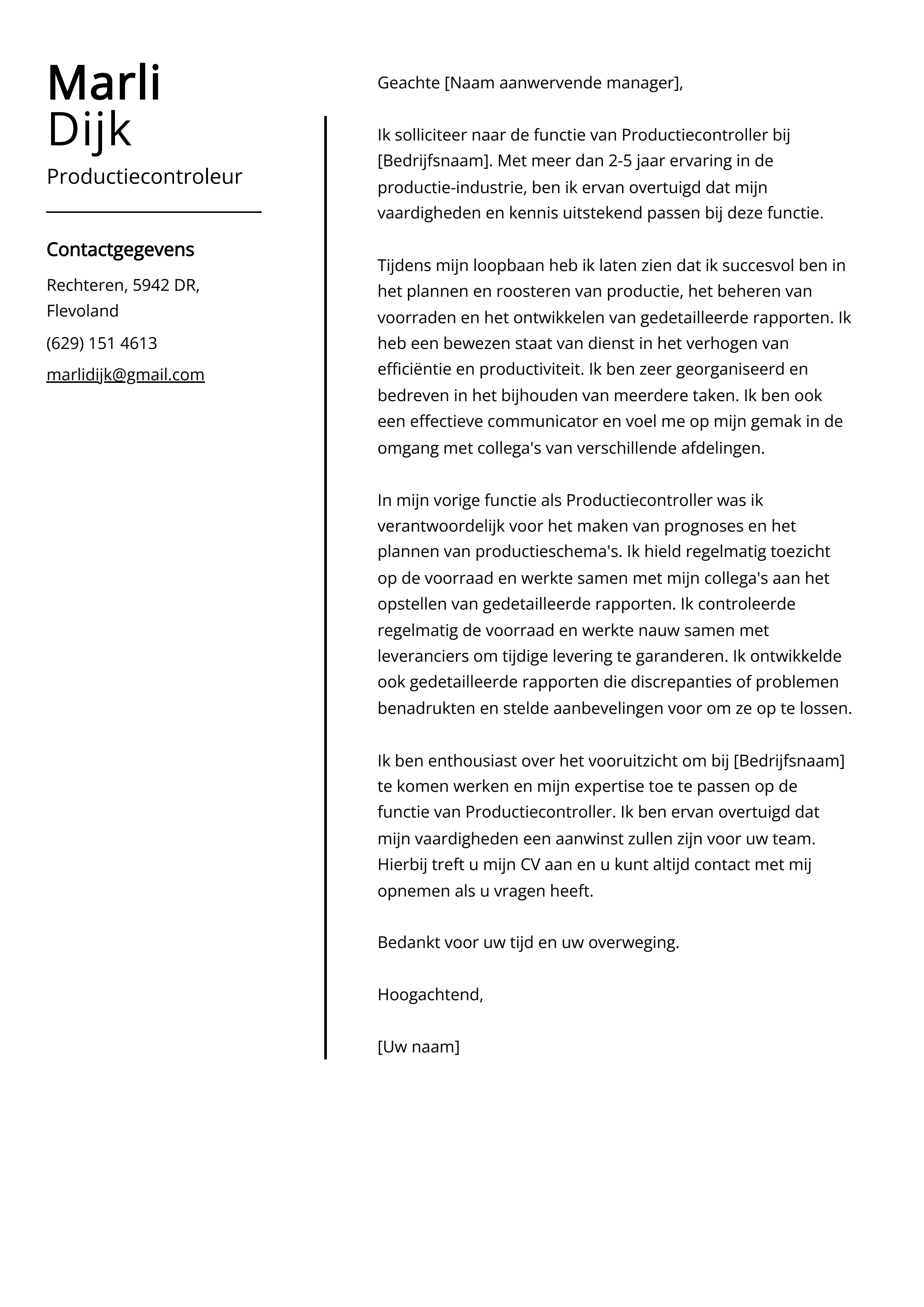 Productiecontroleur sollicitatiebrief voorbeeld