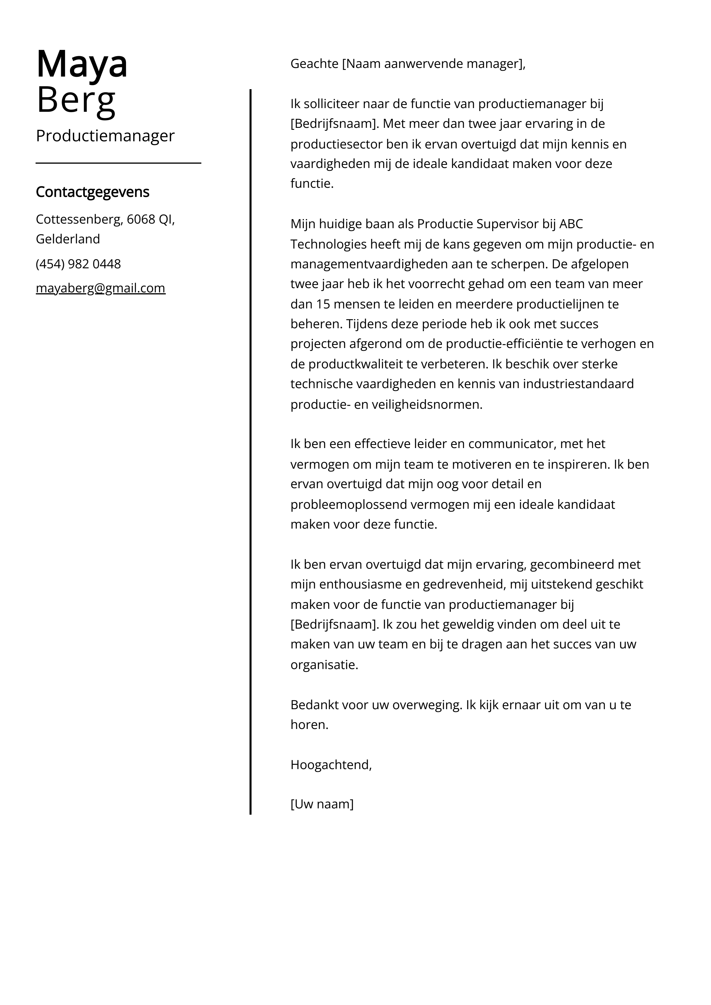 Productiemanager Sollicitatiebrief Voorbeeld