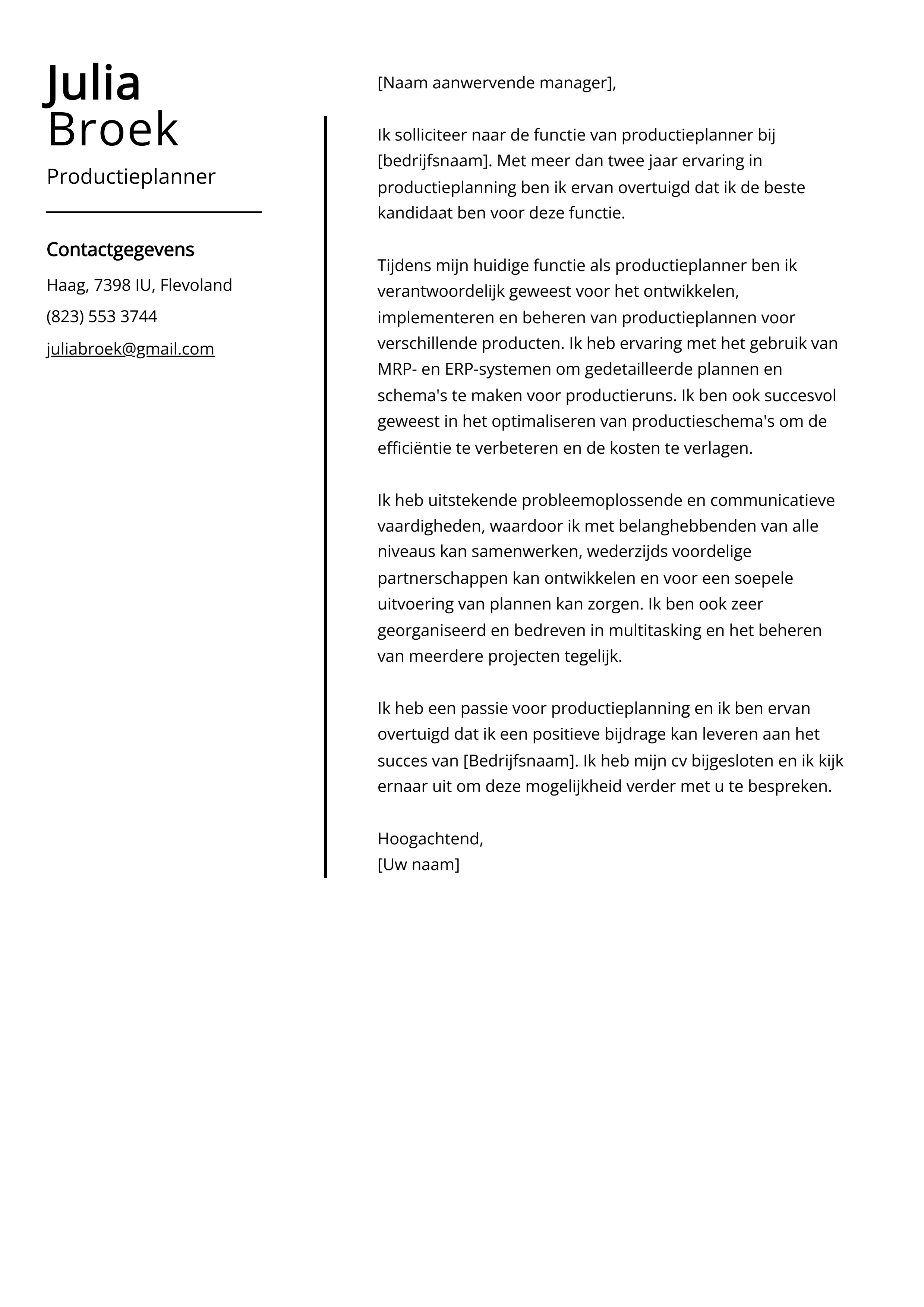 Productieplanner sollicitatiebrief voorbeeld