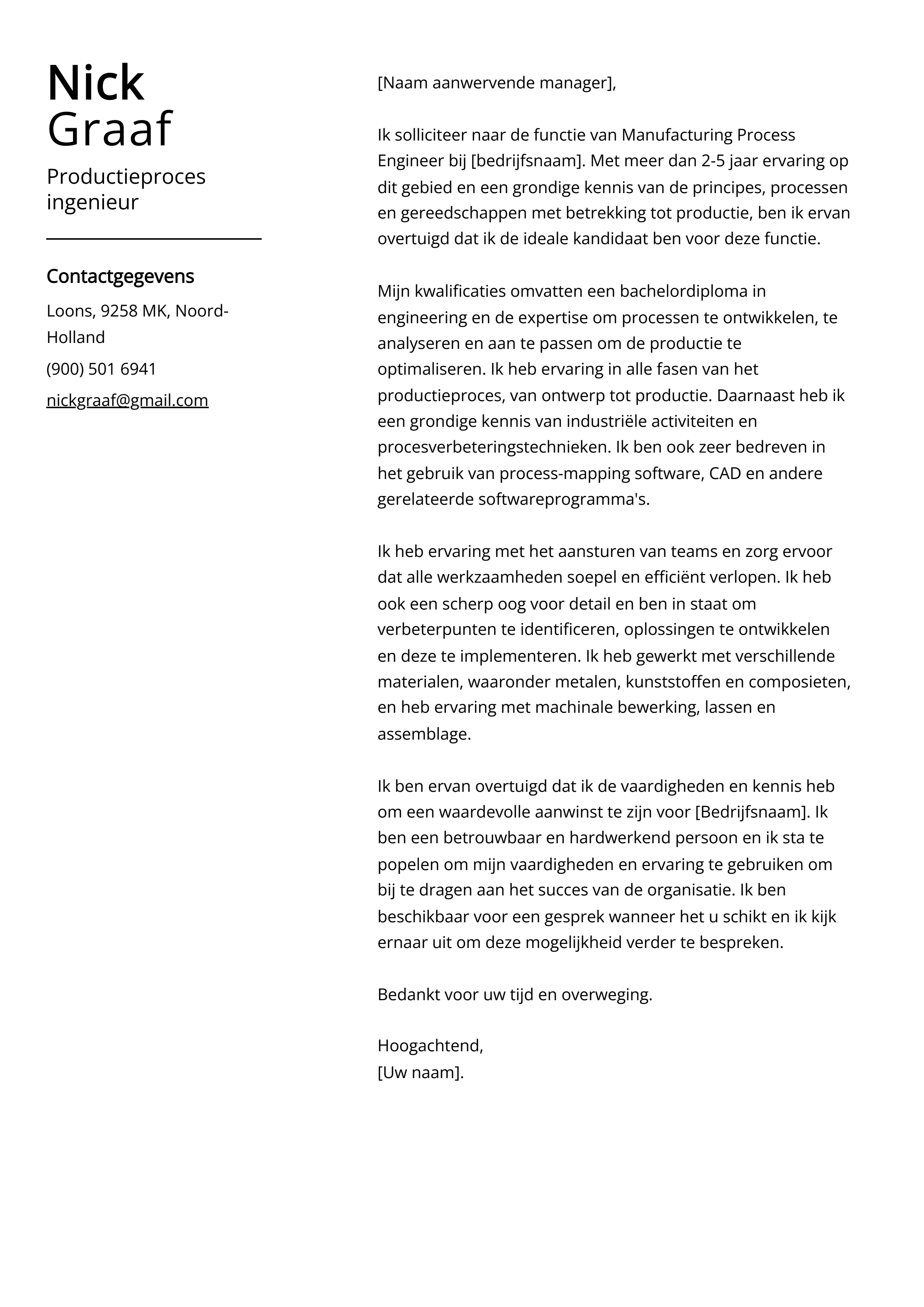 Productieproces ingenieur Cover Letter Voorbeeld