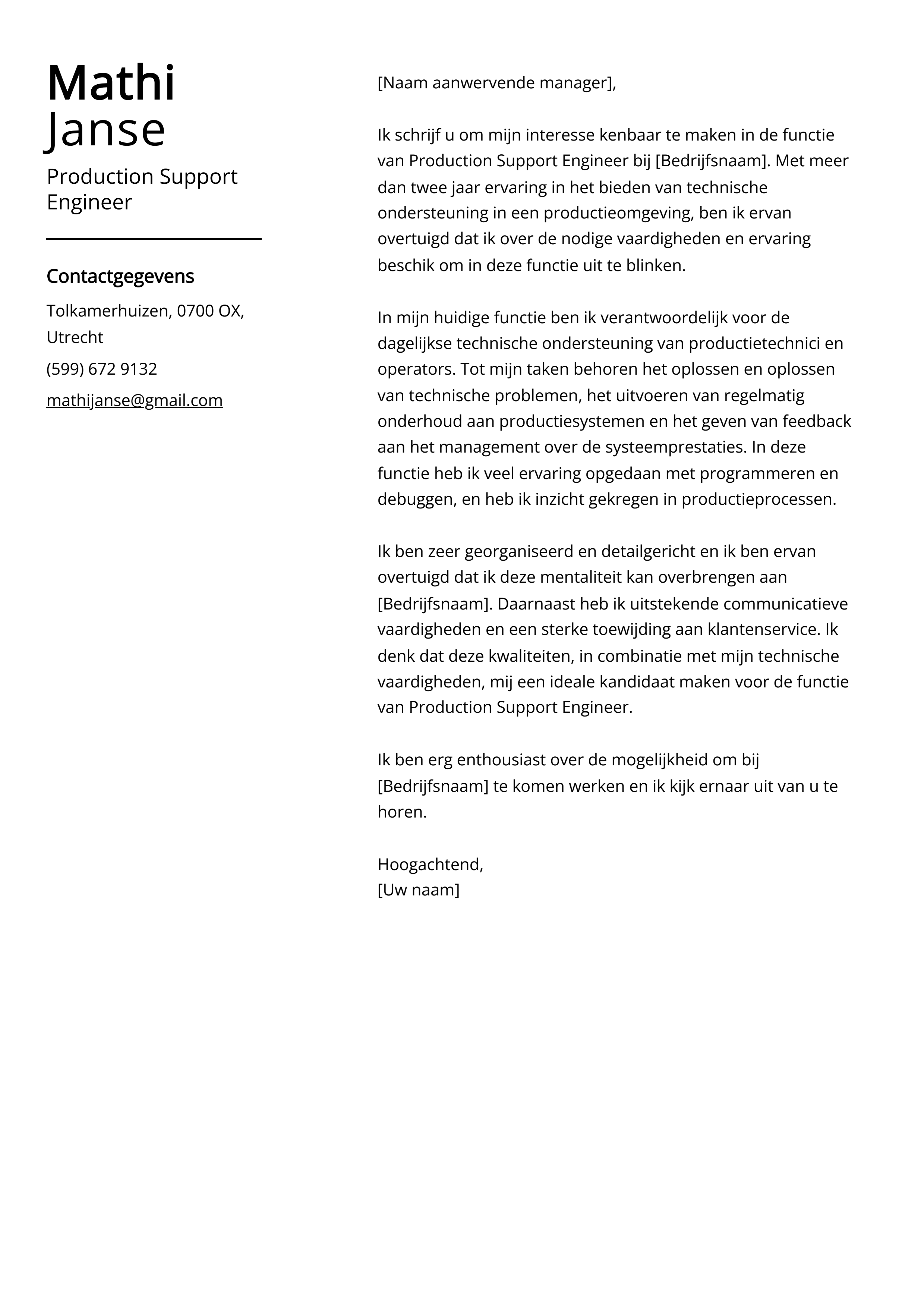 Production Support Engineer Voorbeeld sollicitatiebrief