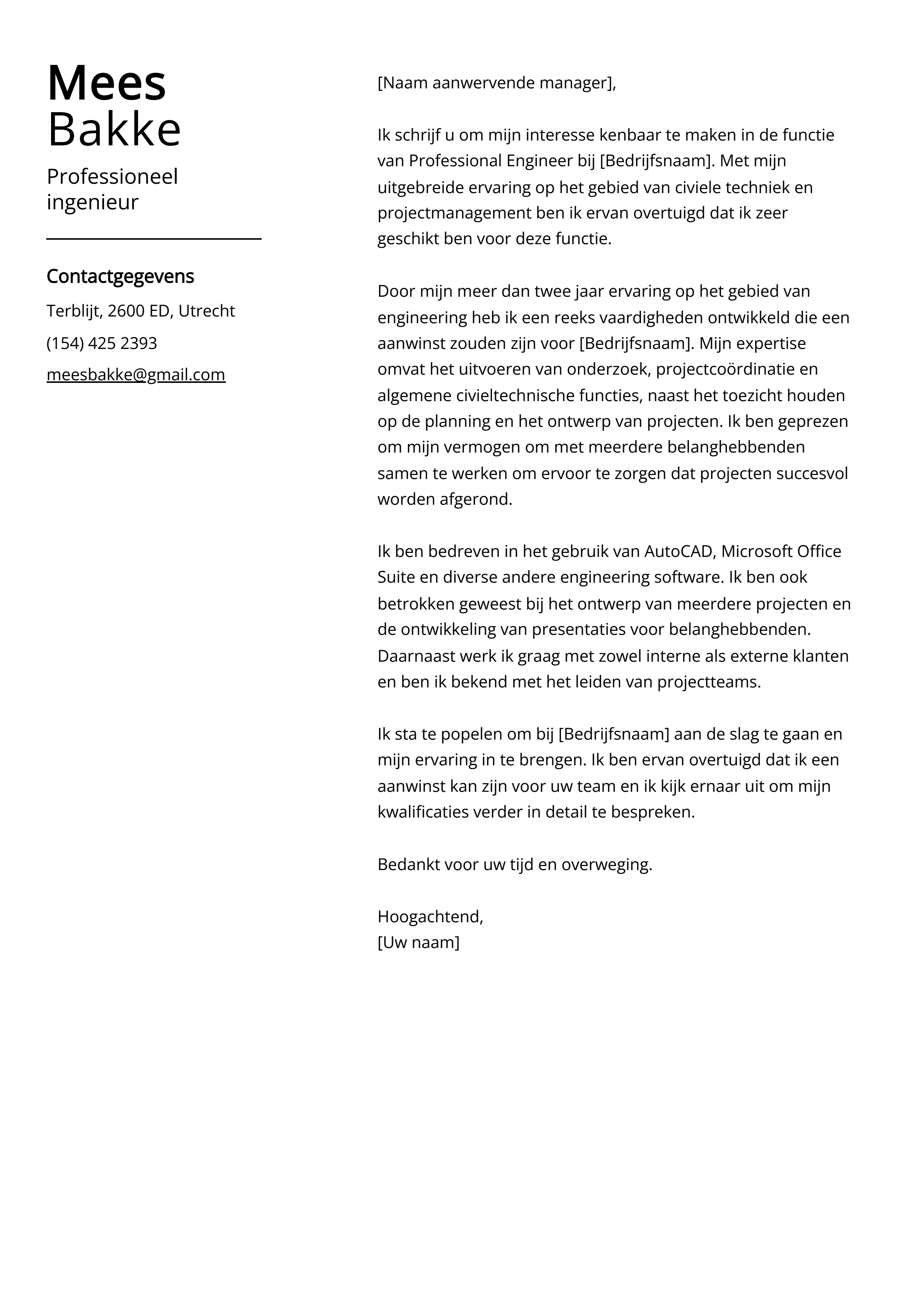 Professioneel ingenieur Sollicitatiebrief Voorbeeld