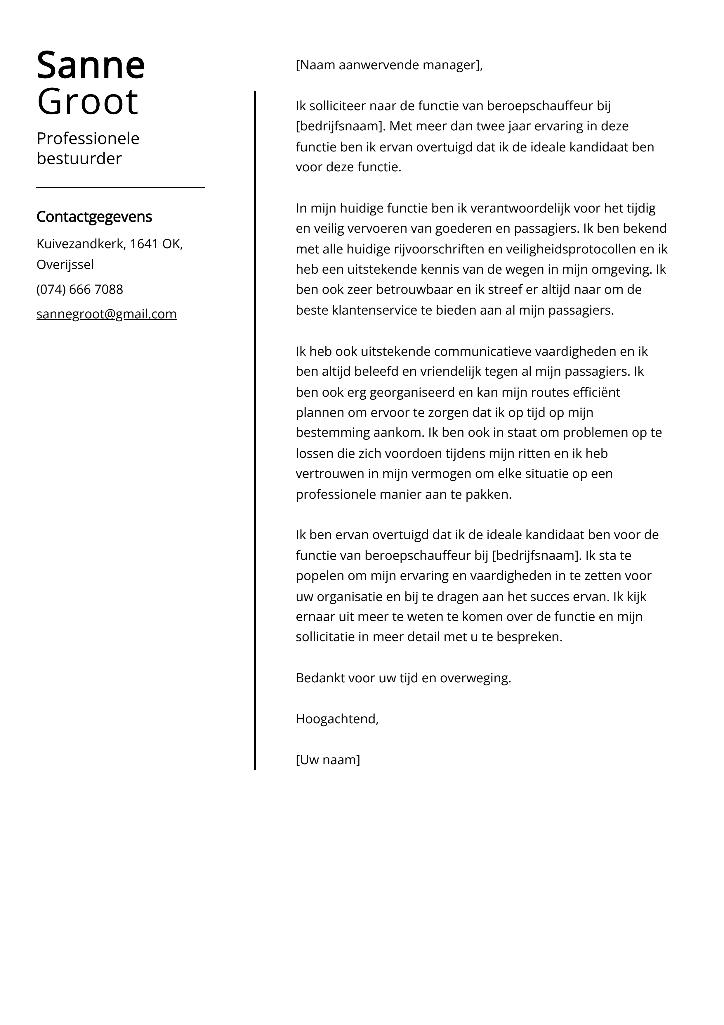 Professionele bestuurder Voorbeeld sollicitatiebrief