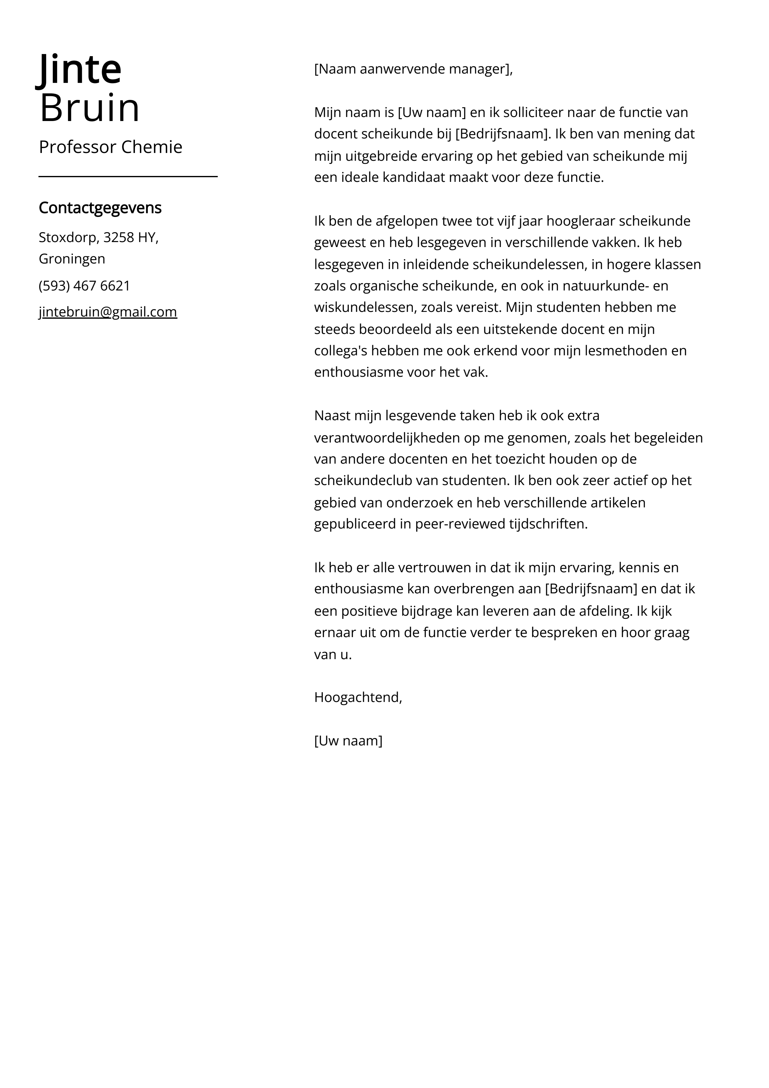 Hoogleraar Chemie Voorbeeld sollicitatiebrief