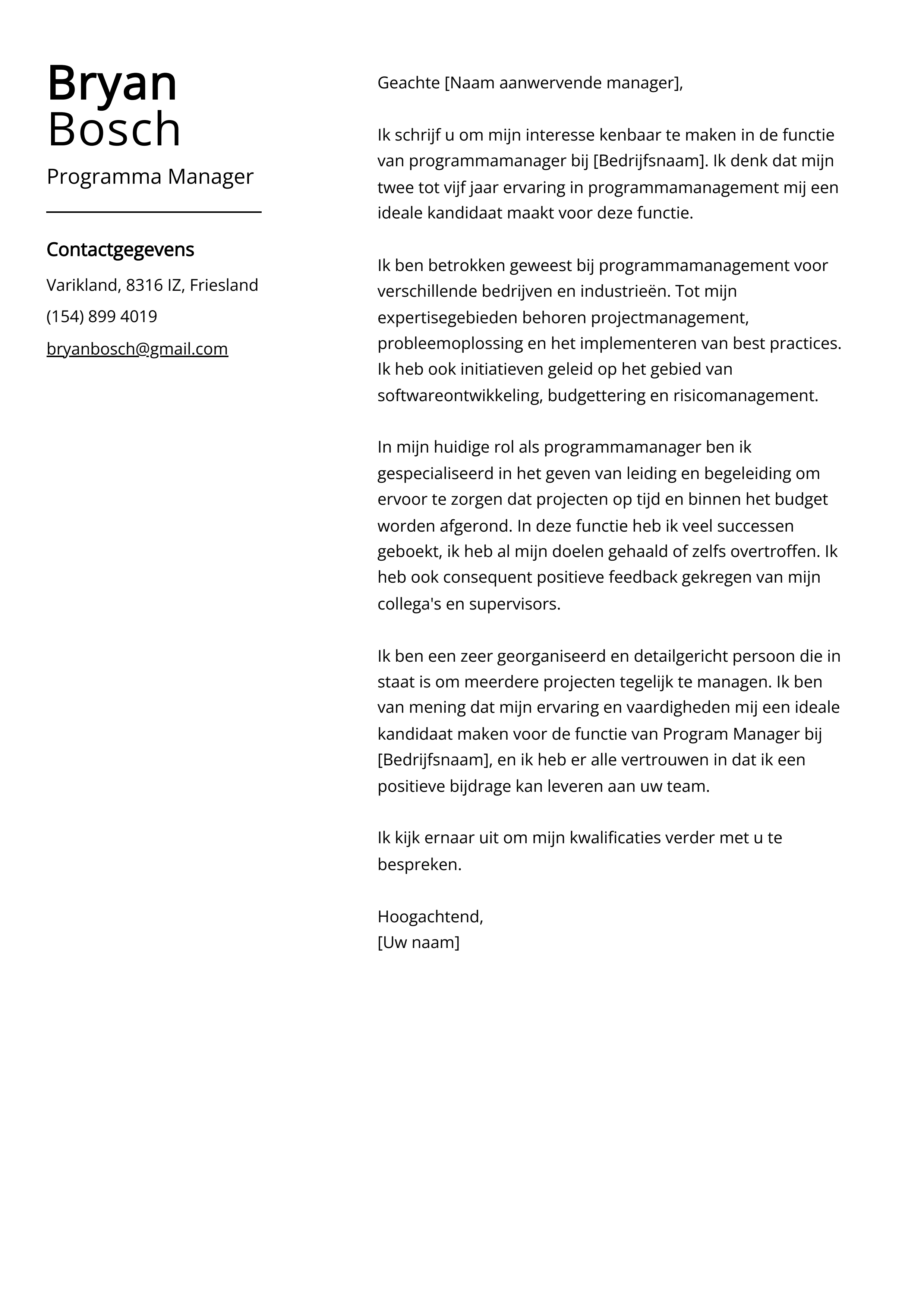 Programma Manager Sollicitatiebrief Voorbeeld