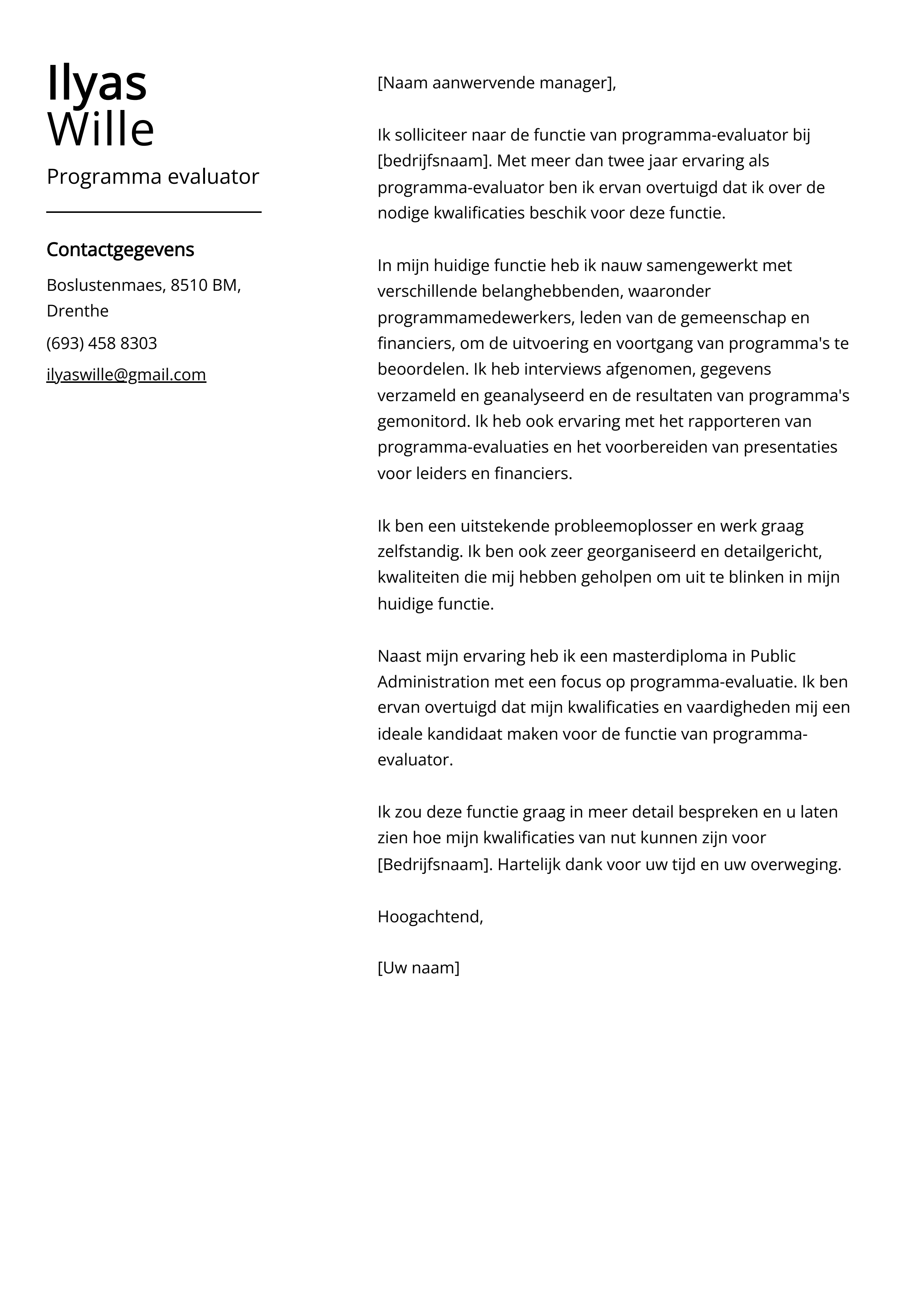 Programma-evaluator Cover Letter Voorbeeld