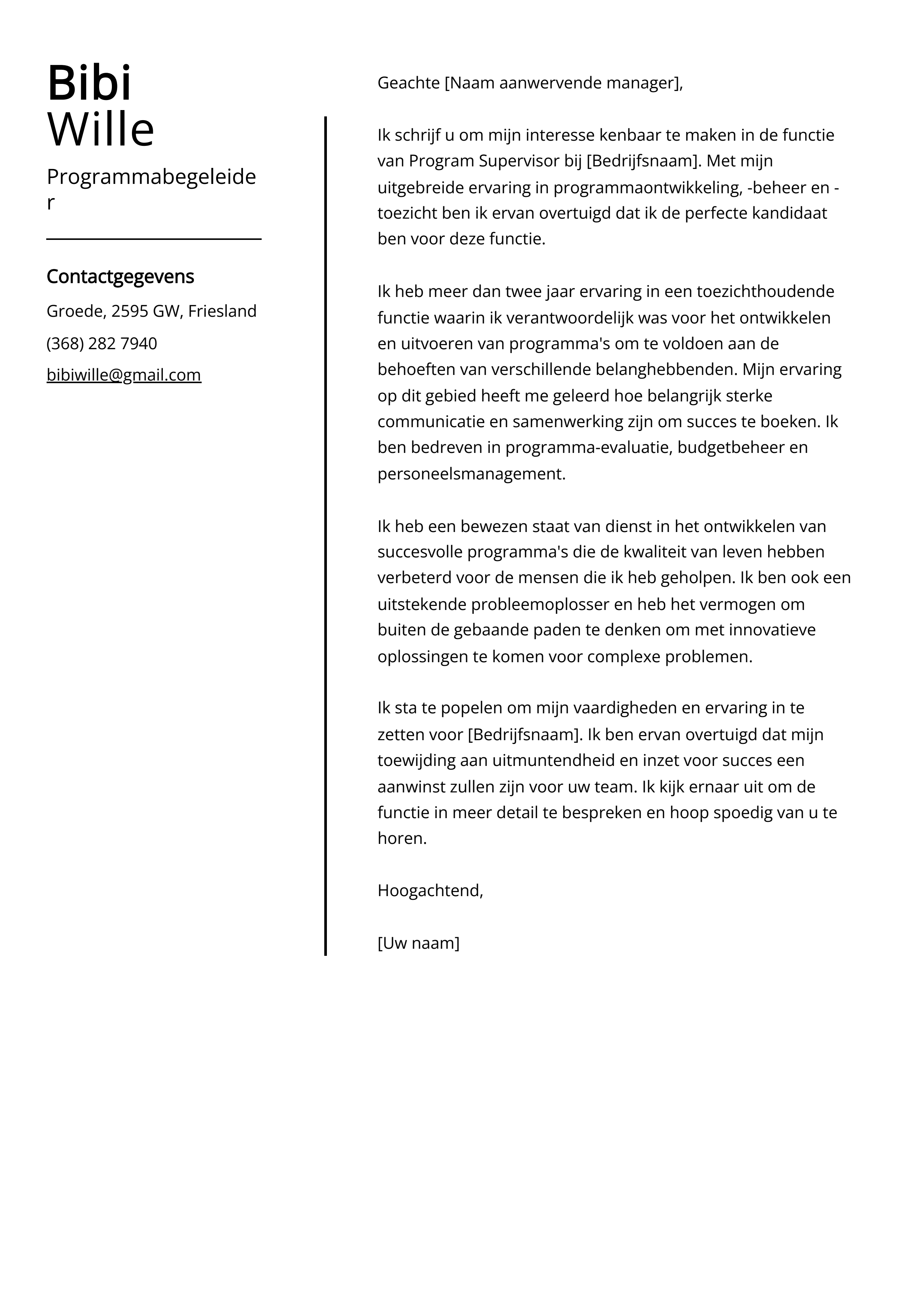 Programmabegeleider Voorbeeld sollicitatiebrief