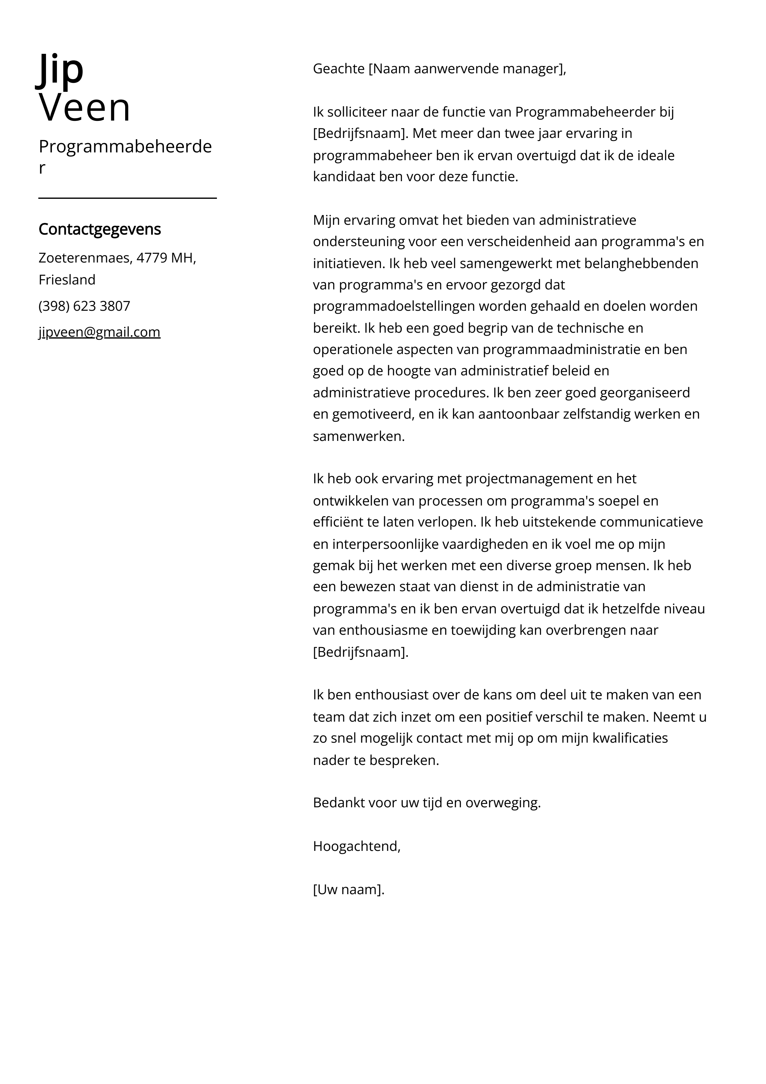 Programmabeheerder Sollicitatiebrief Voorbeeld