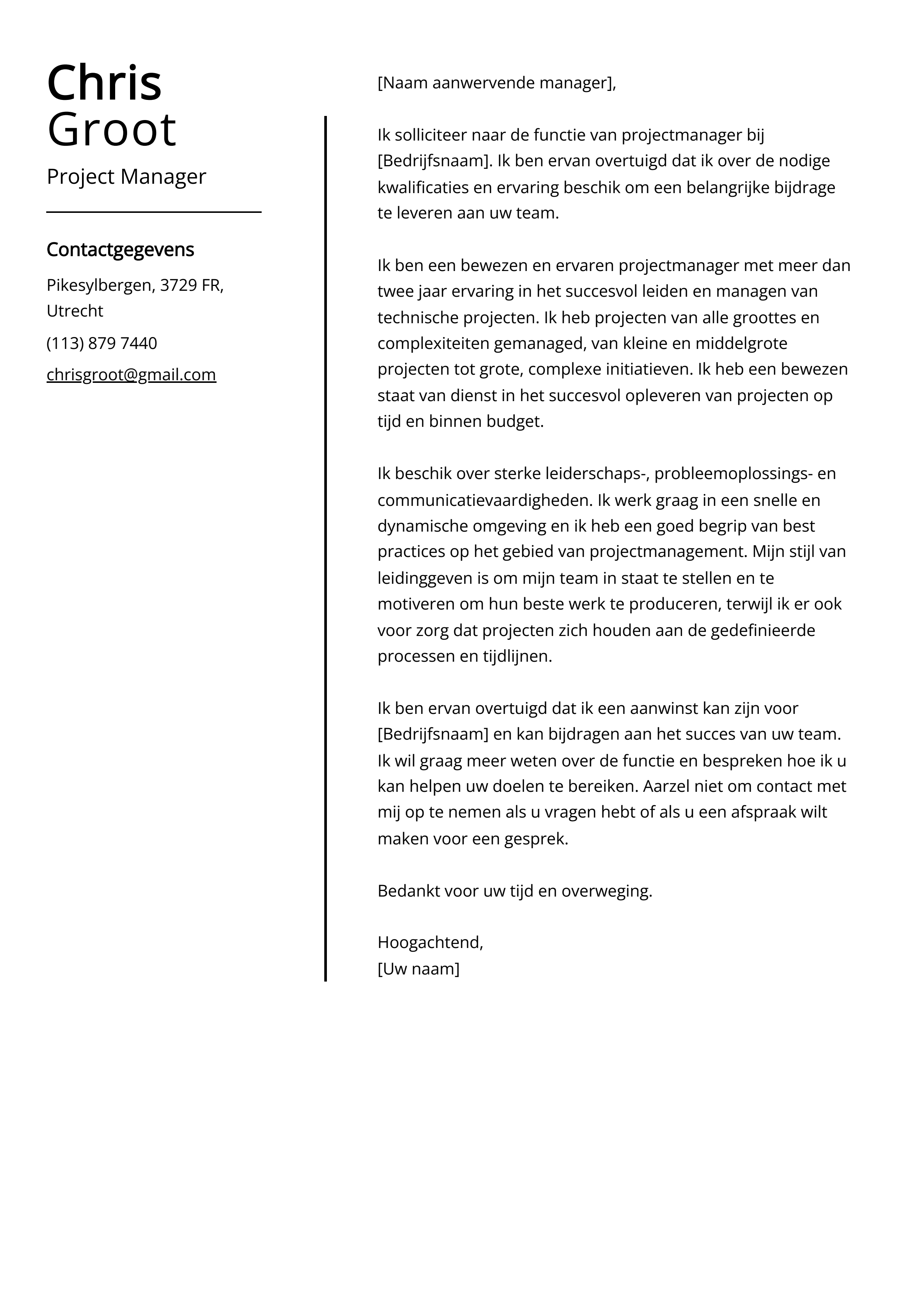 Project Manager Voorbeeld sollicitatiebrief