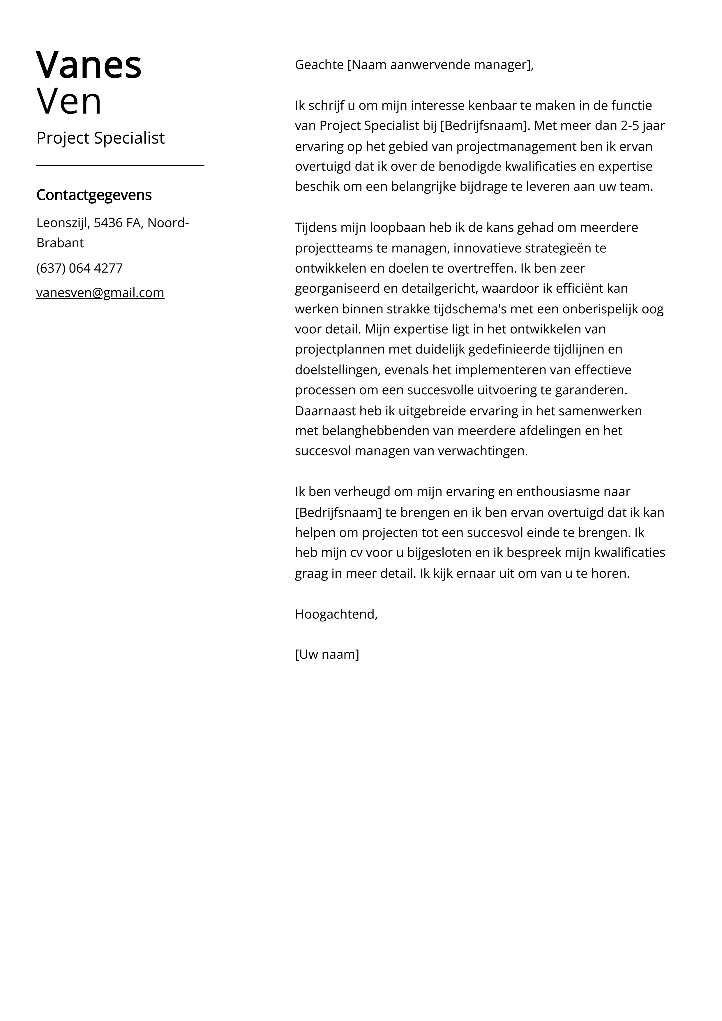 Project Specialist Voorbeeld sollicitatiebrief