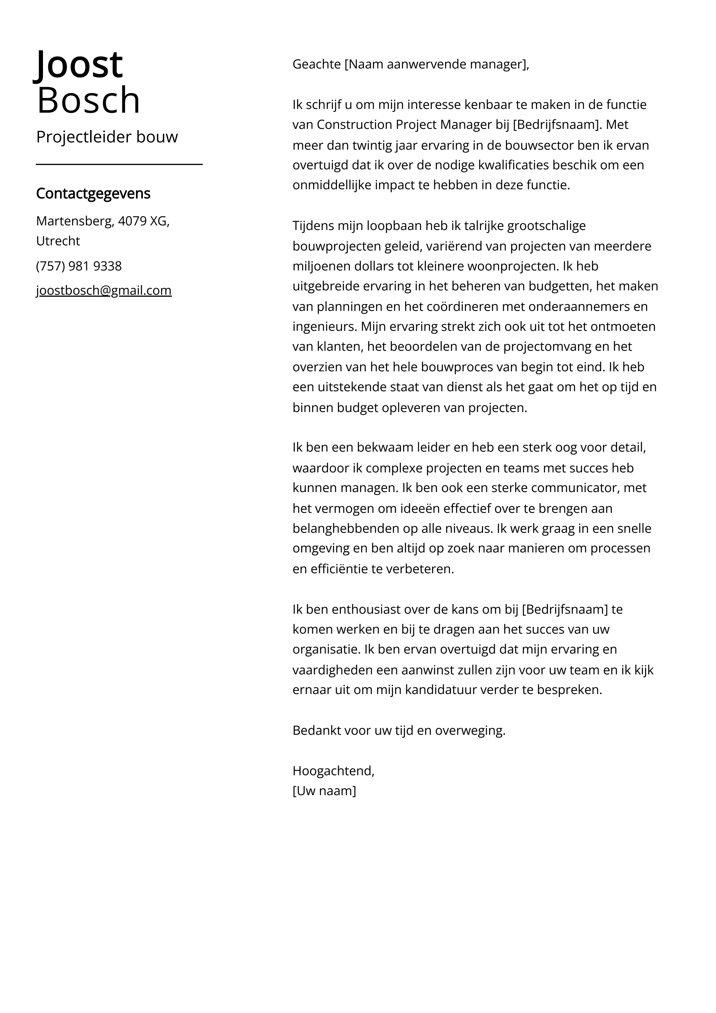 Projectleider bouw Cover Letter Voorbeeld