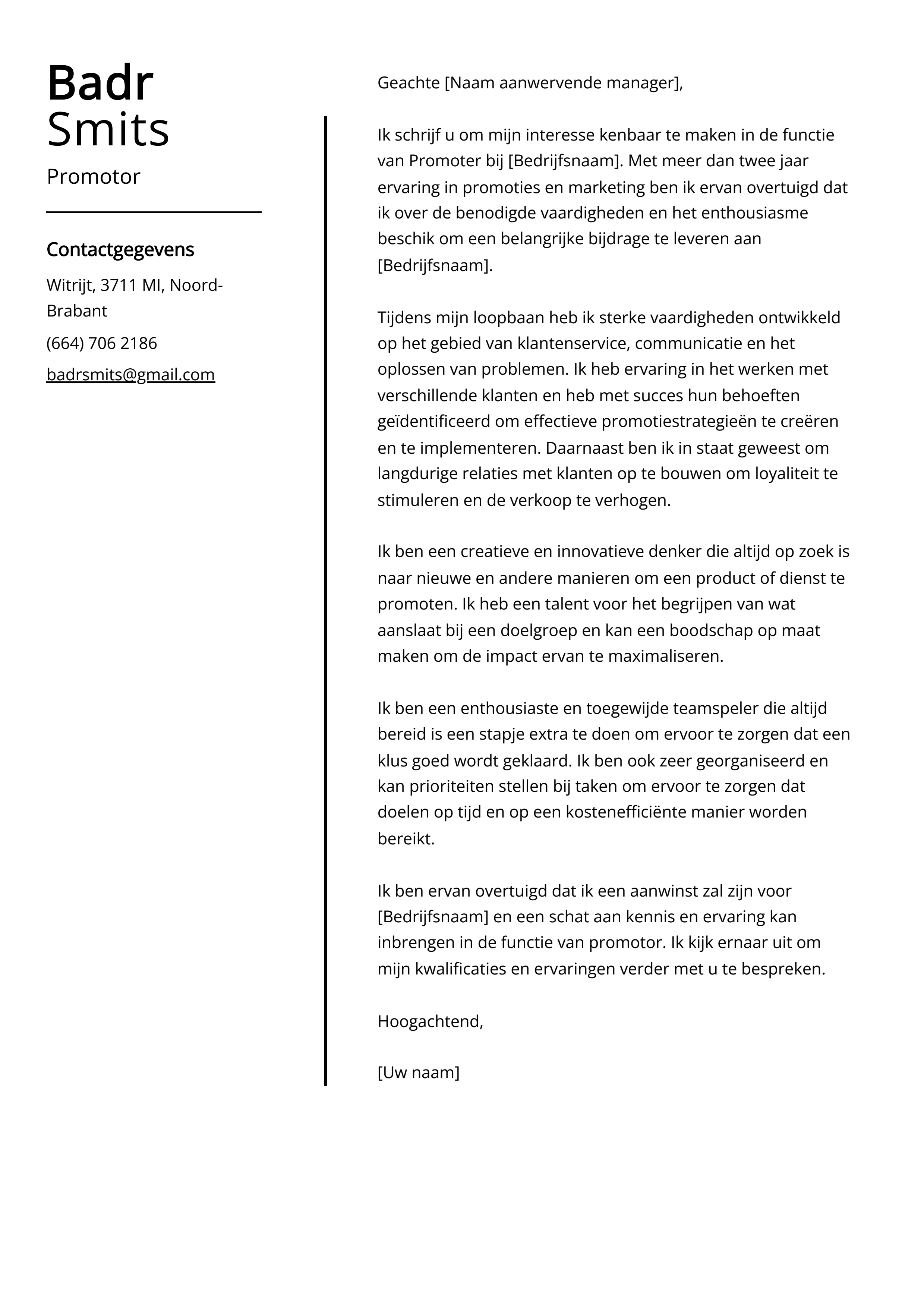 Promotor sollicitatiebrief voorbeeld