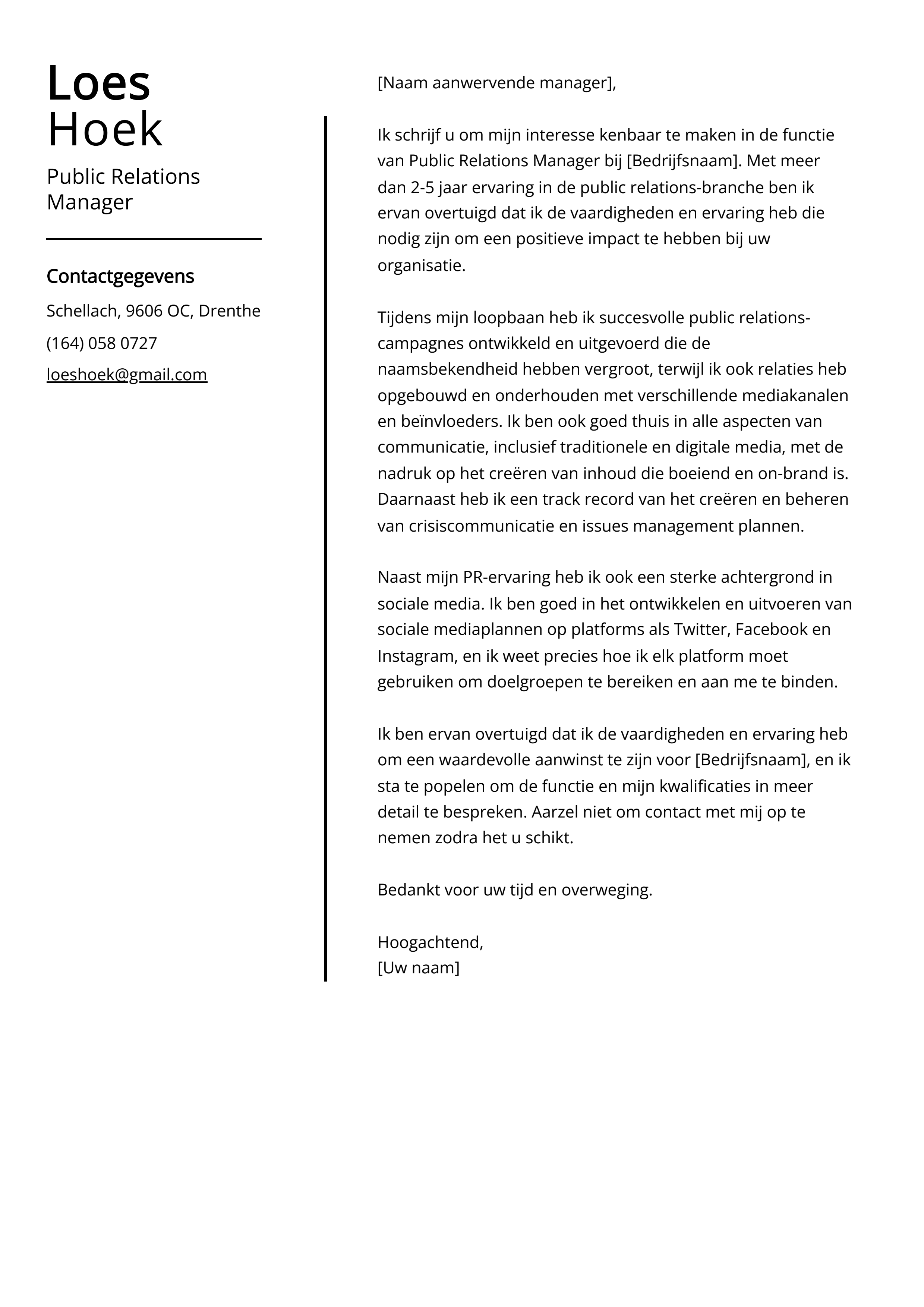 Public Relations Manager Voorbeeld sollicitatiebrief