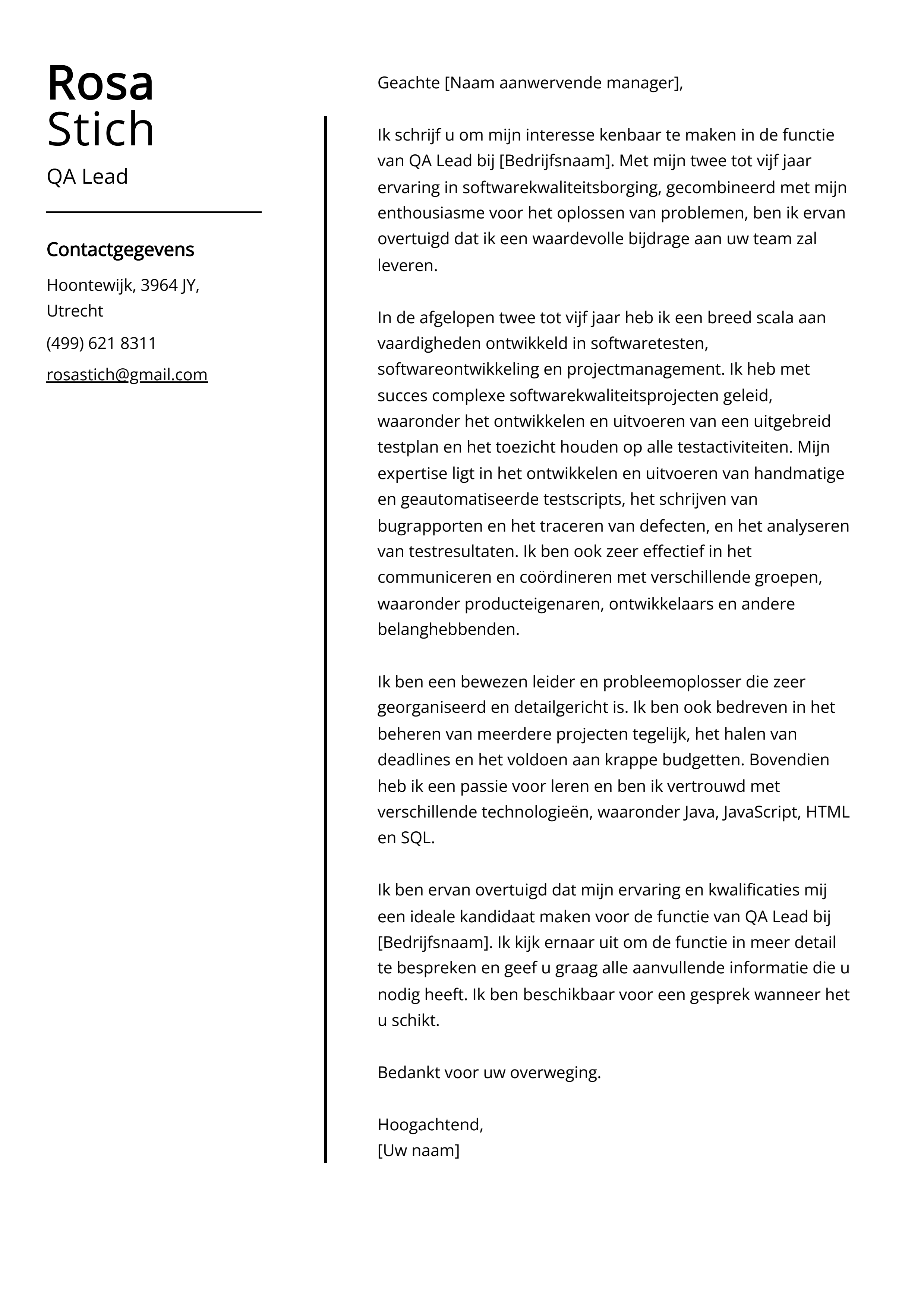 QA Lead Voorbeeld sollicitatiebrief