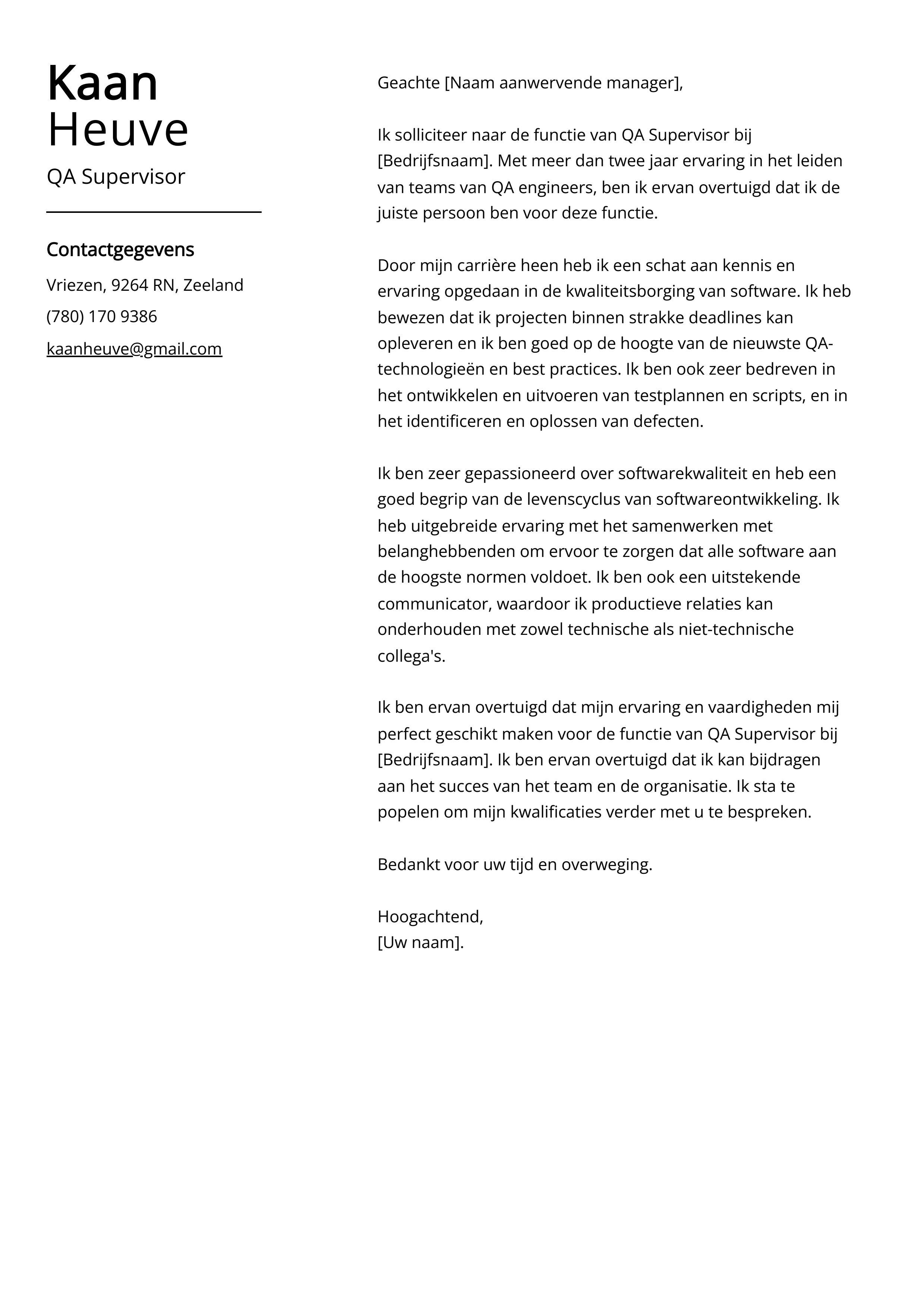 QA Supervisor Voorbeeld sollicitatiebrief