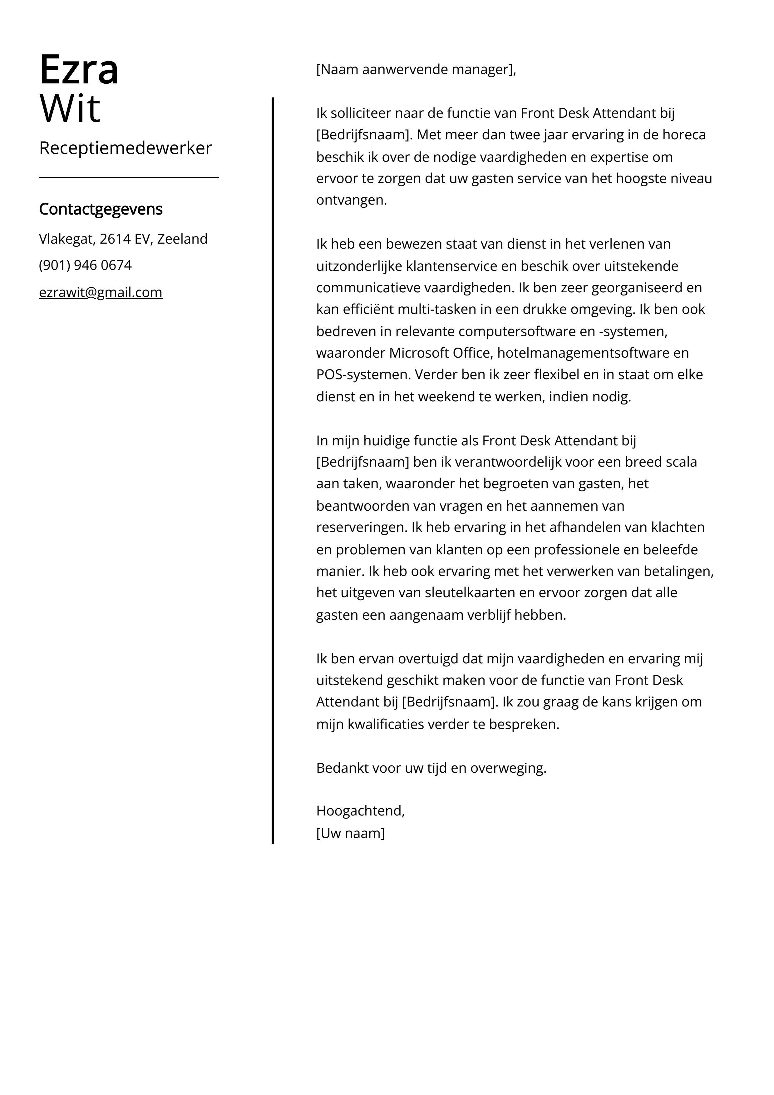 Receptiemedewerker Sollicitatiebrief Voorbeeld