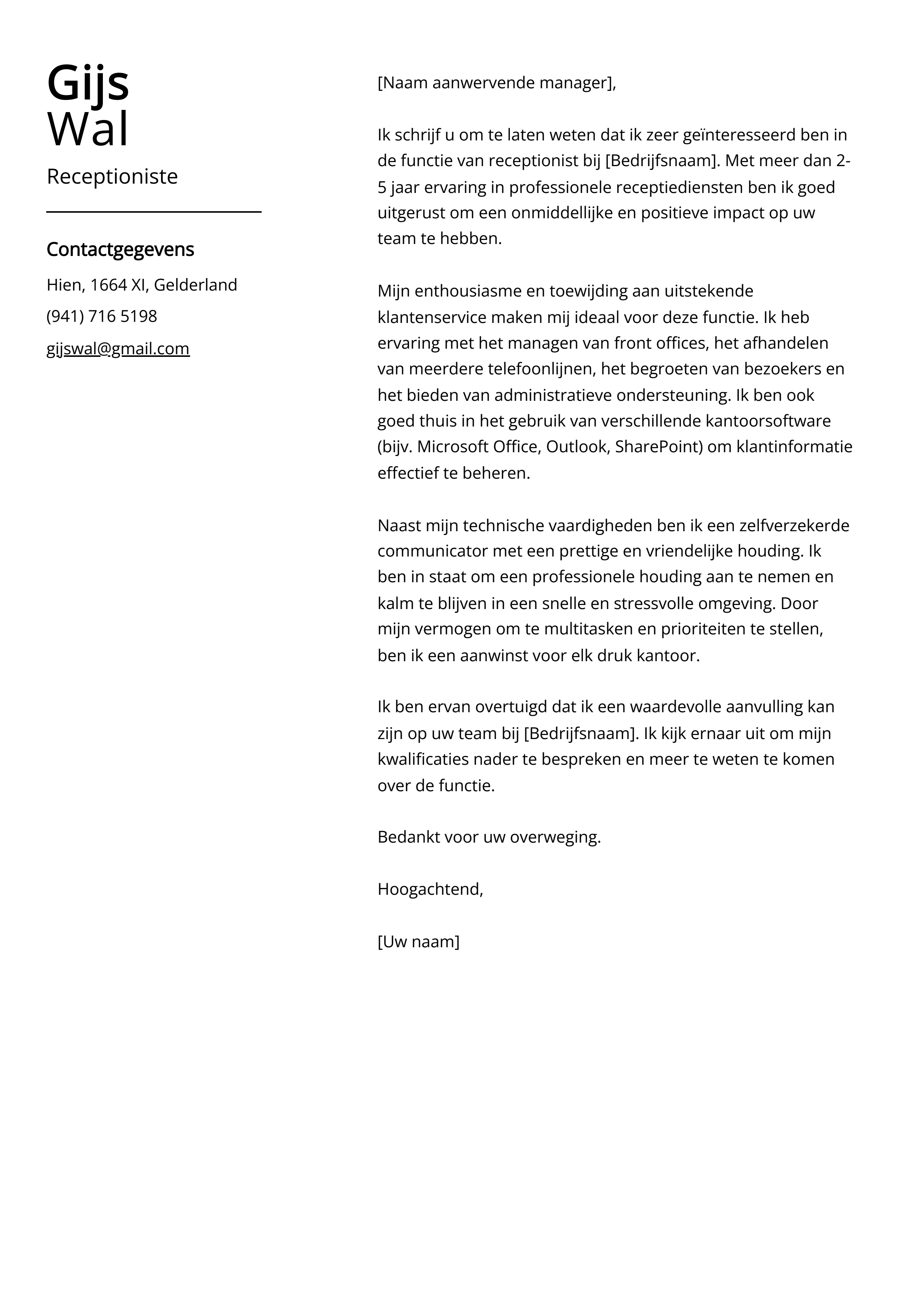 [Receptionist(e) Voorbeeld sollicitatiebrief