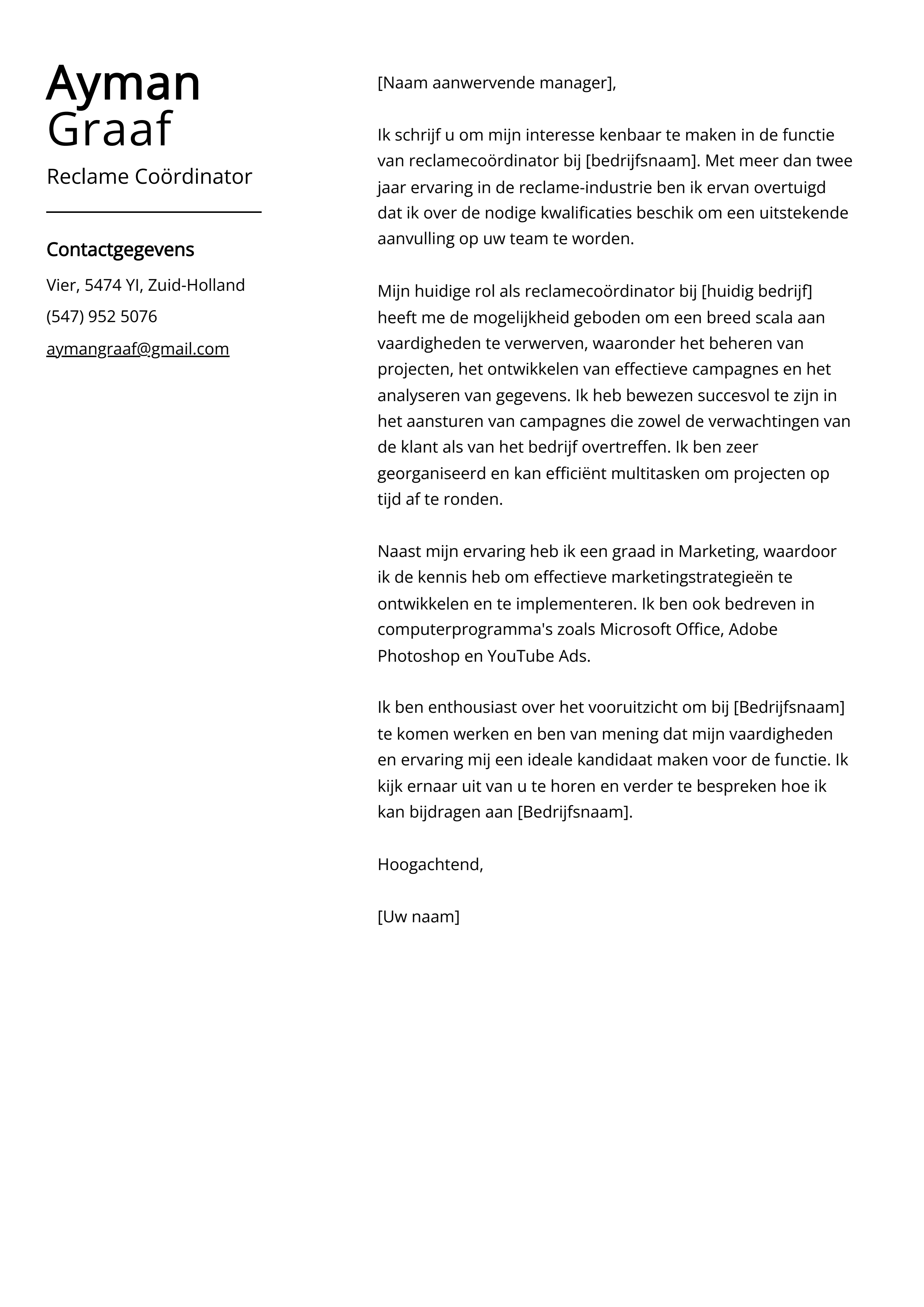 Reclame Coördinator Sollicitatiebrief Voorbeeld