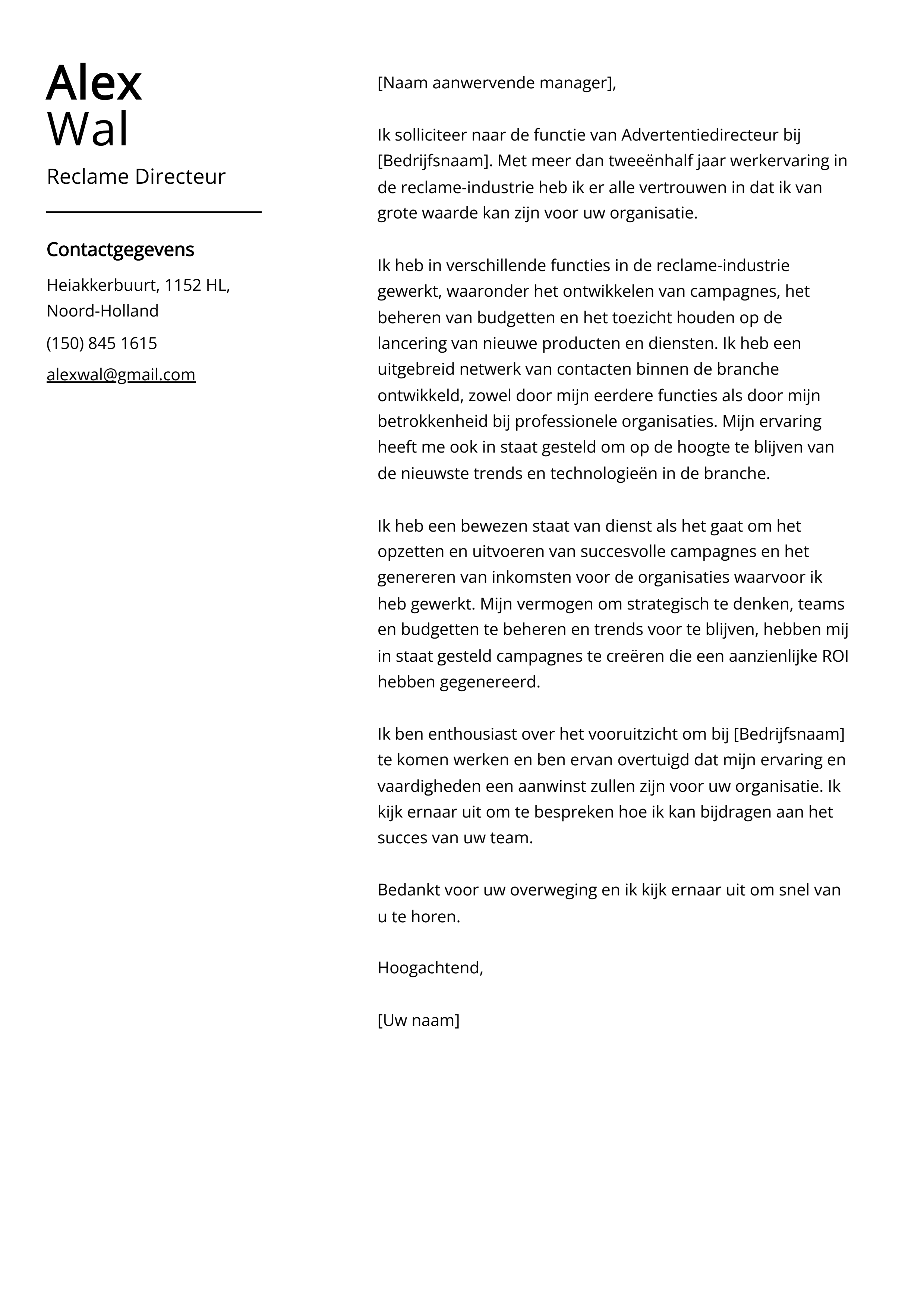 Reclame Directeur Sollicitatiebrief Voorbeeld