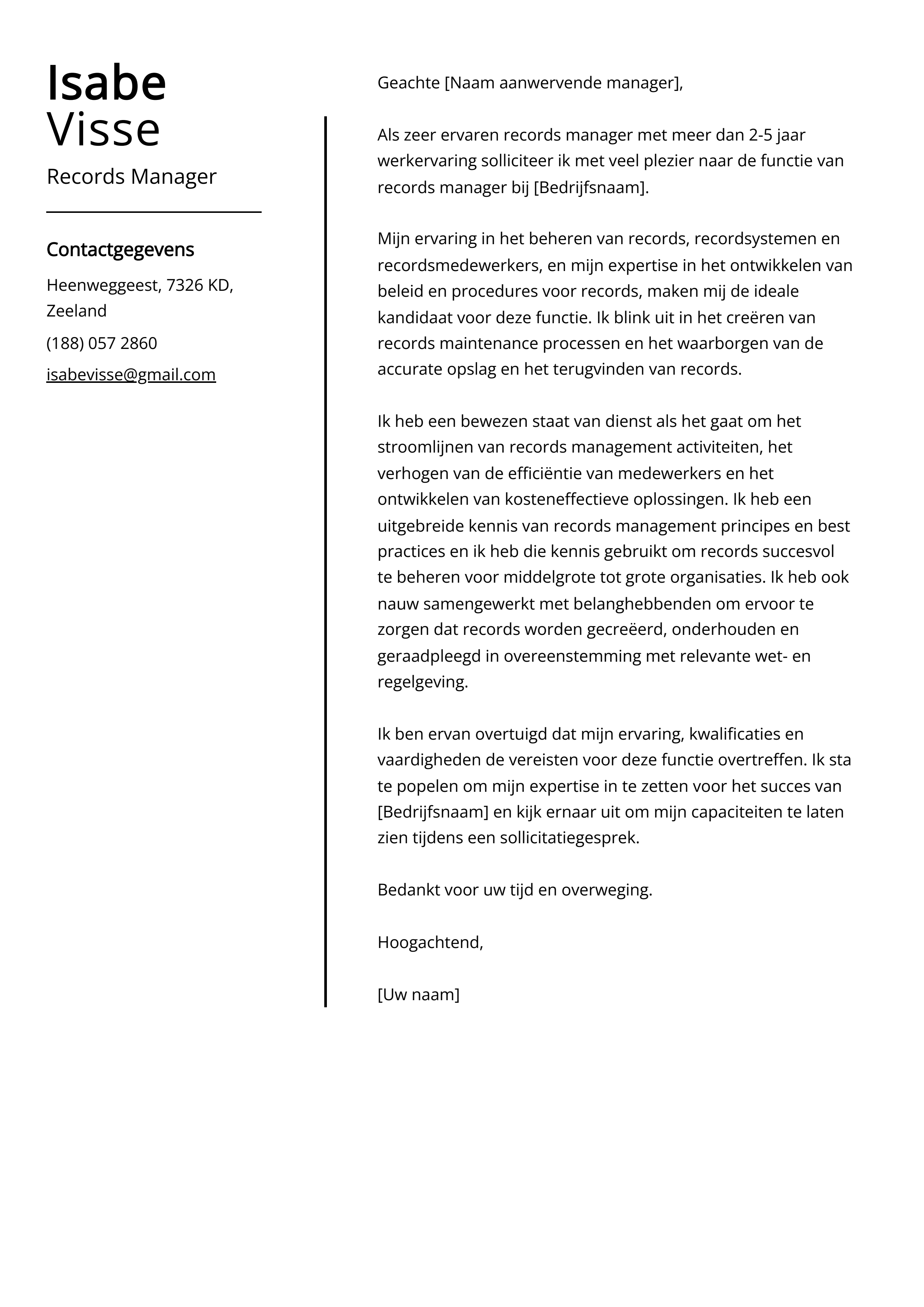 Records Manager Voorbeeld sollicitatiebrief