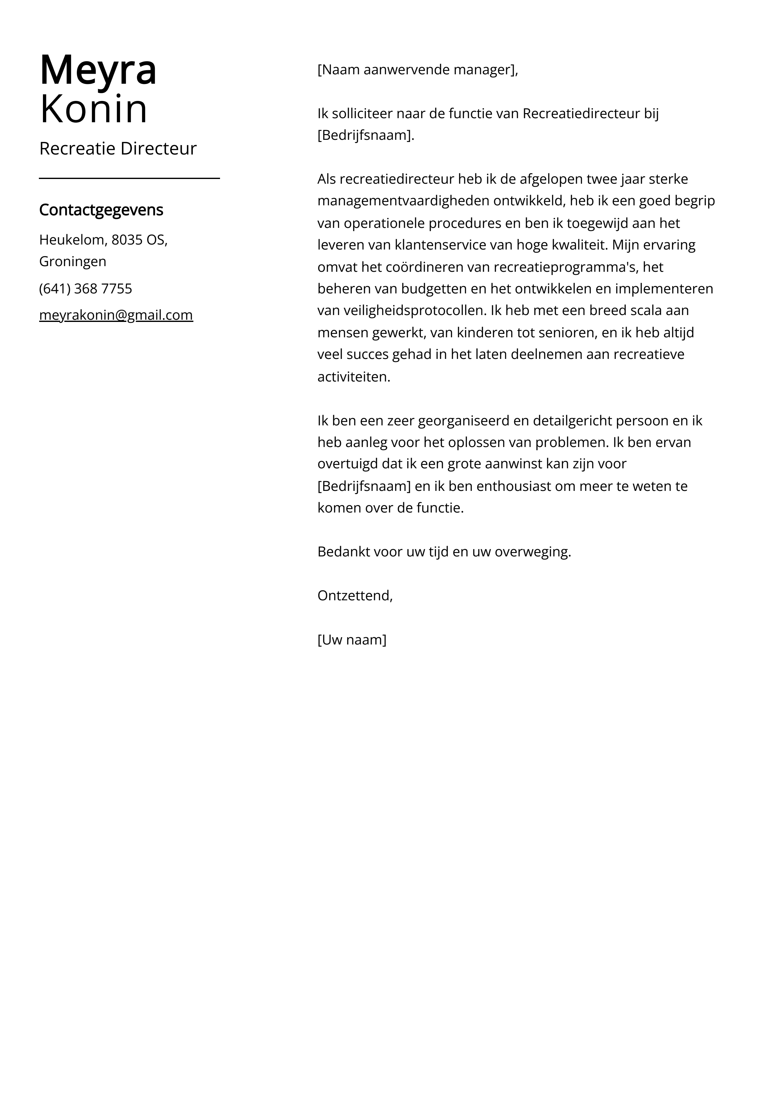 Recreatie Directeur Sollicitatiebrief Voorbeeld