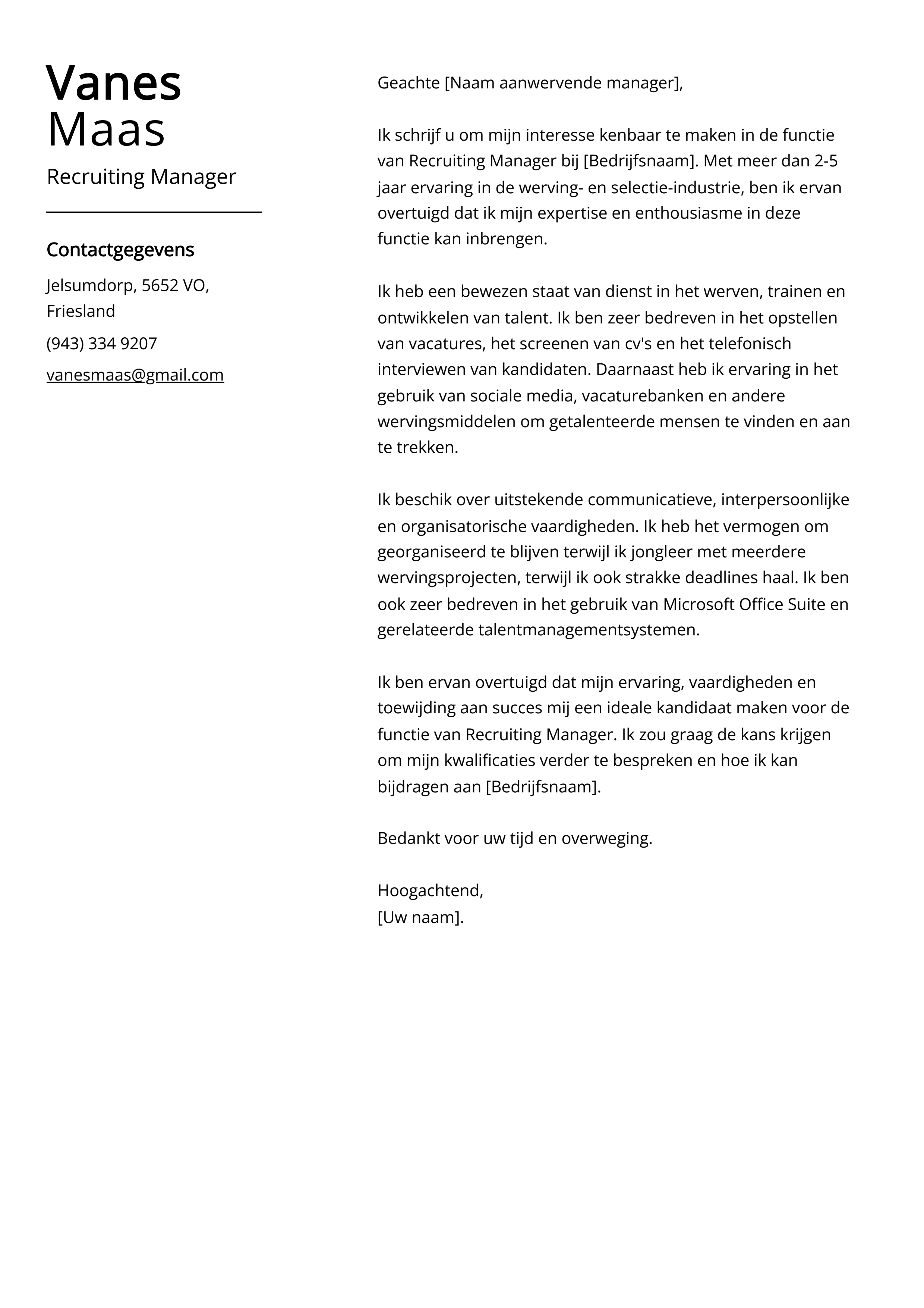 Recruiting Manager Voorbeeld sollicitatiebrief