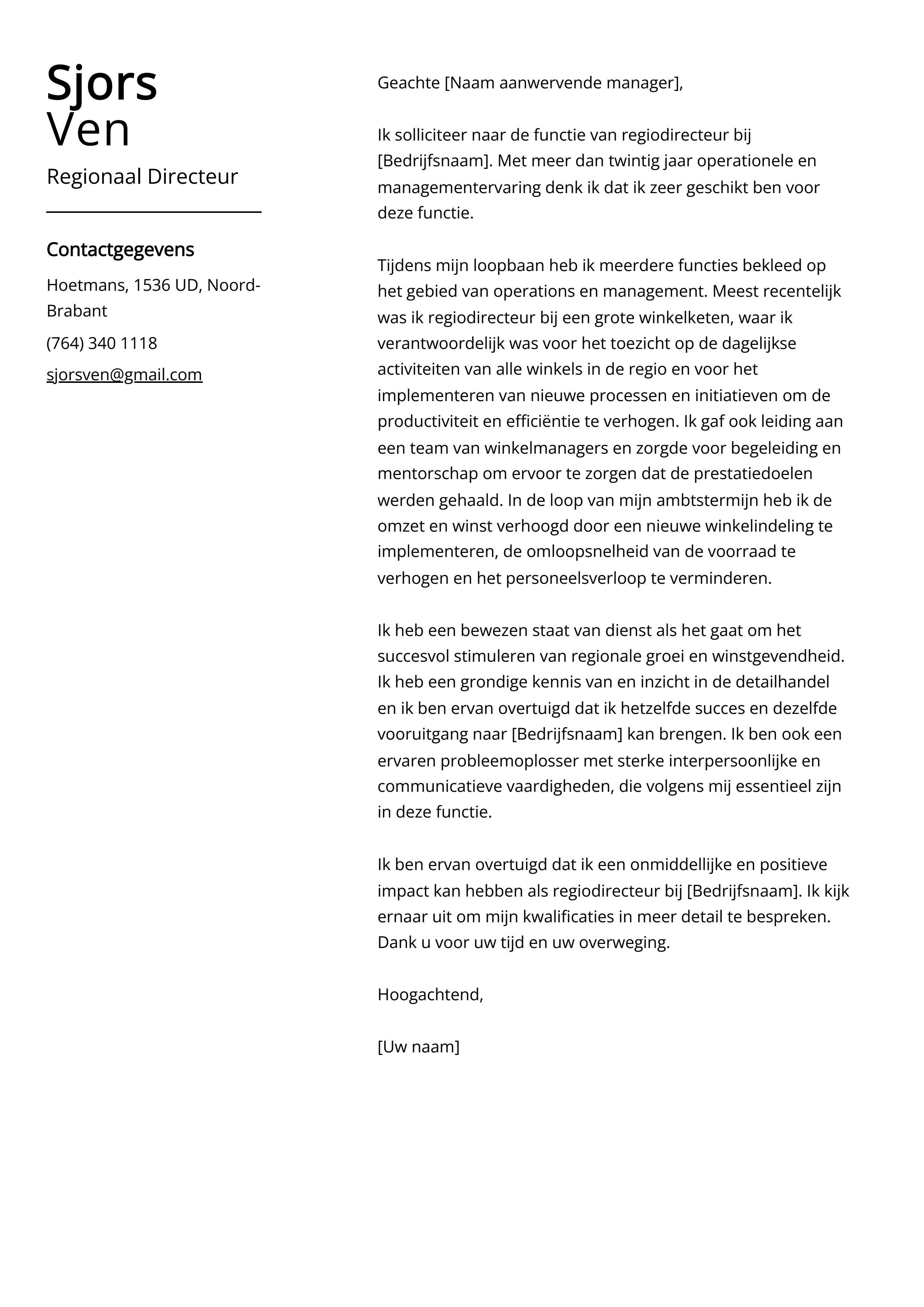 Regionaal Directeur Cover Letter Voorbeeld