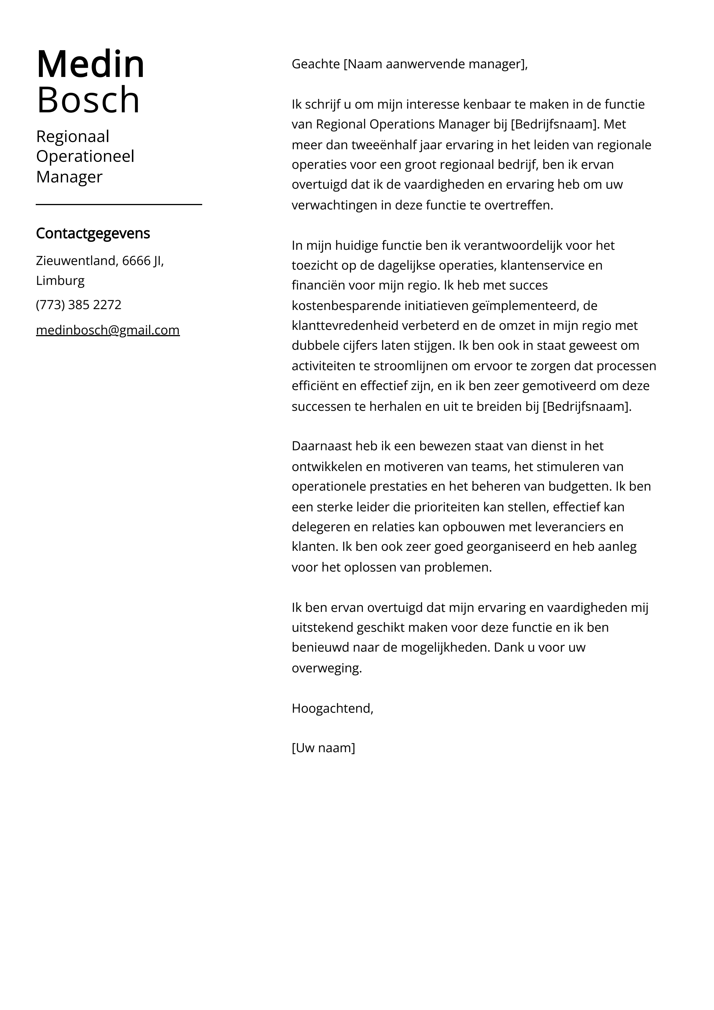 Regionaal Operationeel Manager Sollicitatiebrief Voorbeeld