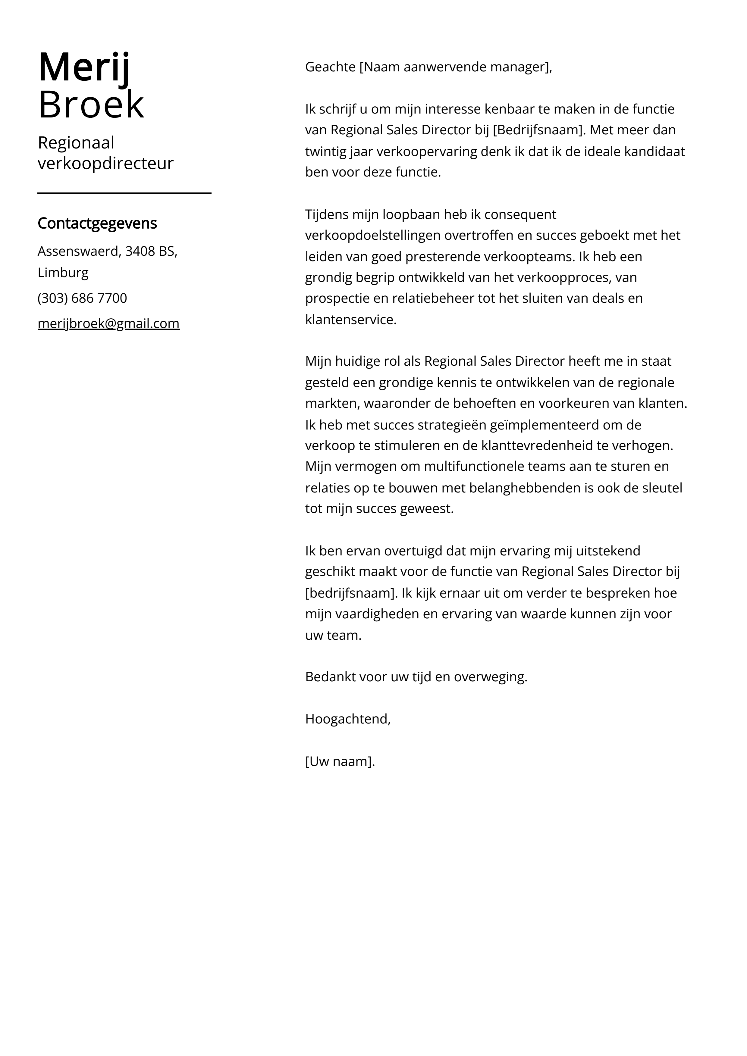 Regionaal verkoopdirecteur Cover Letter Voorbeeld